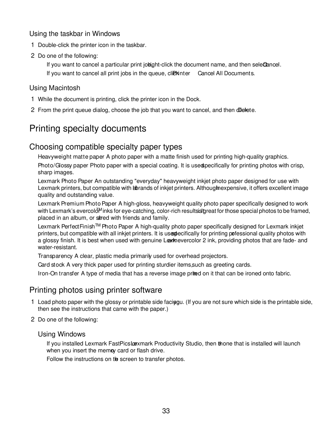 Lexmark 2600 manual Printing specialty documents, Choosing compatible specialty paper types 