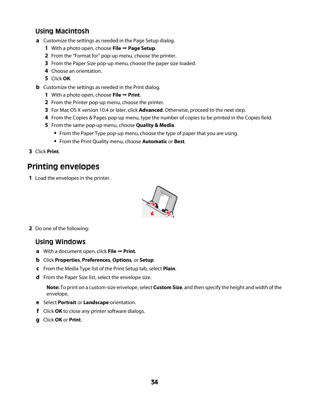 Lexmark 2600 manual Printing envelopes, Click Properties, Preferences, Options, or Setup 