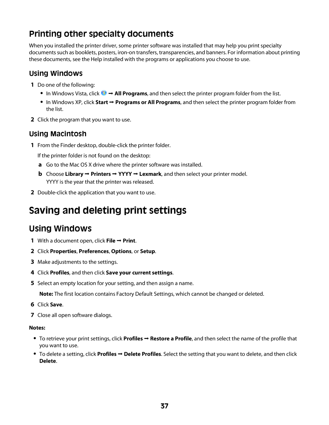 Lexmark 2600 manual Printing other specialty documents, Click Profiles, and then click Save your current settings 