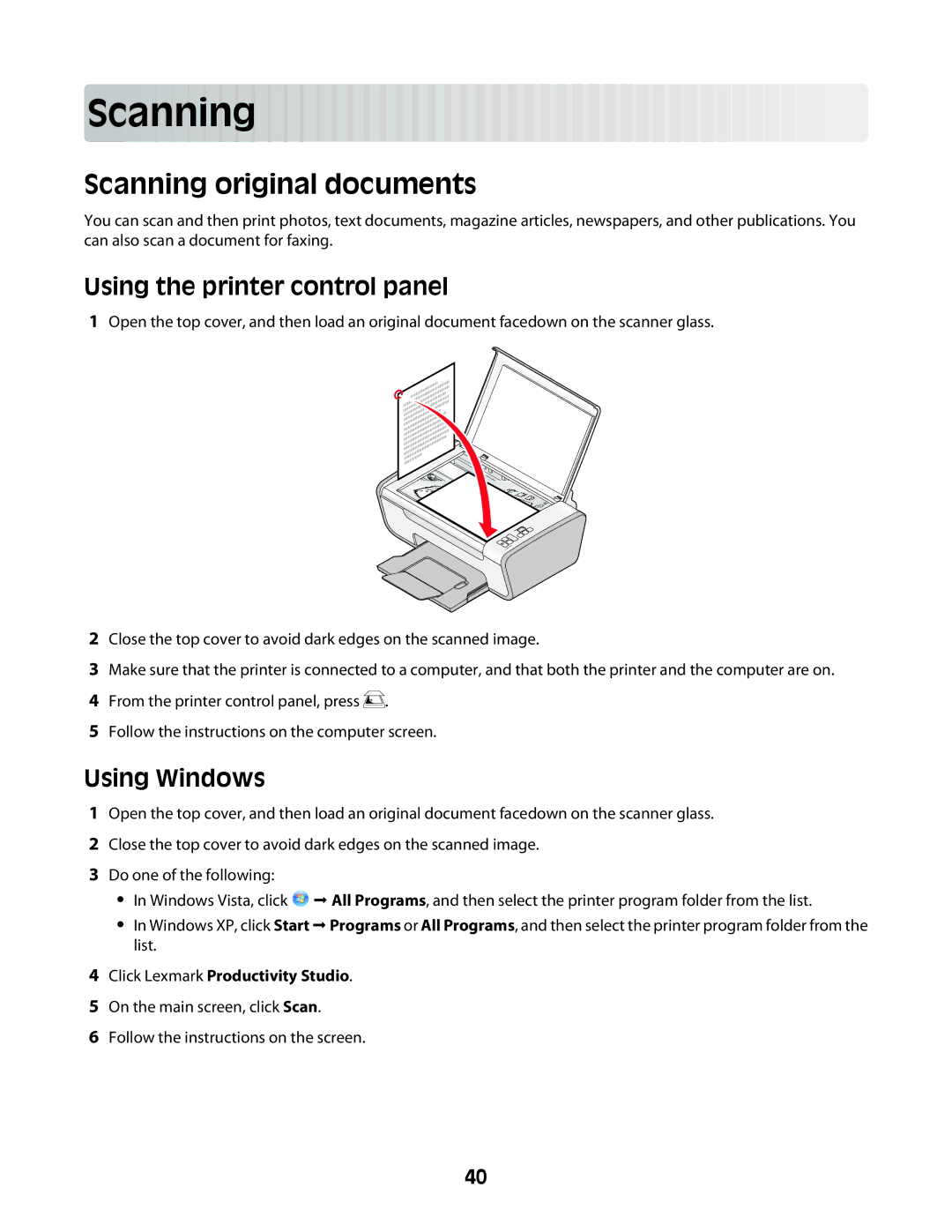 Lexmark 2600 Scan ning, Scanning original documents, Using the printer control panel, Click Lexmark Productivity Studio 