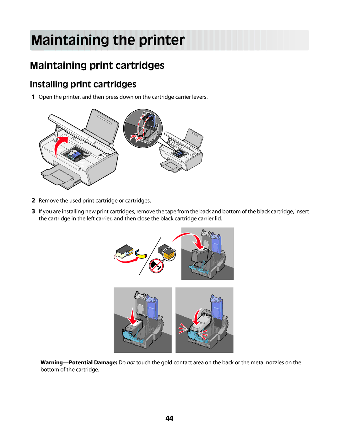 Lexmark 2600 manual Main taining th e prin t er, Maintaining print cartridges, Installing print cartridges 