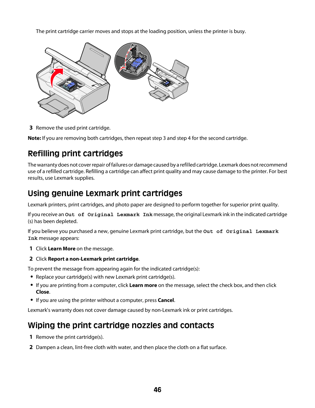 Lexmark 2600 manual Refilling print cartridges, Using genuine Lexmark print cartridges 