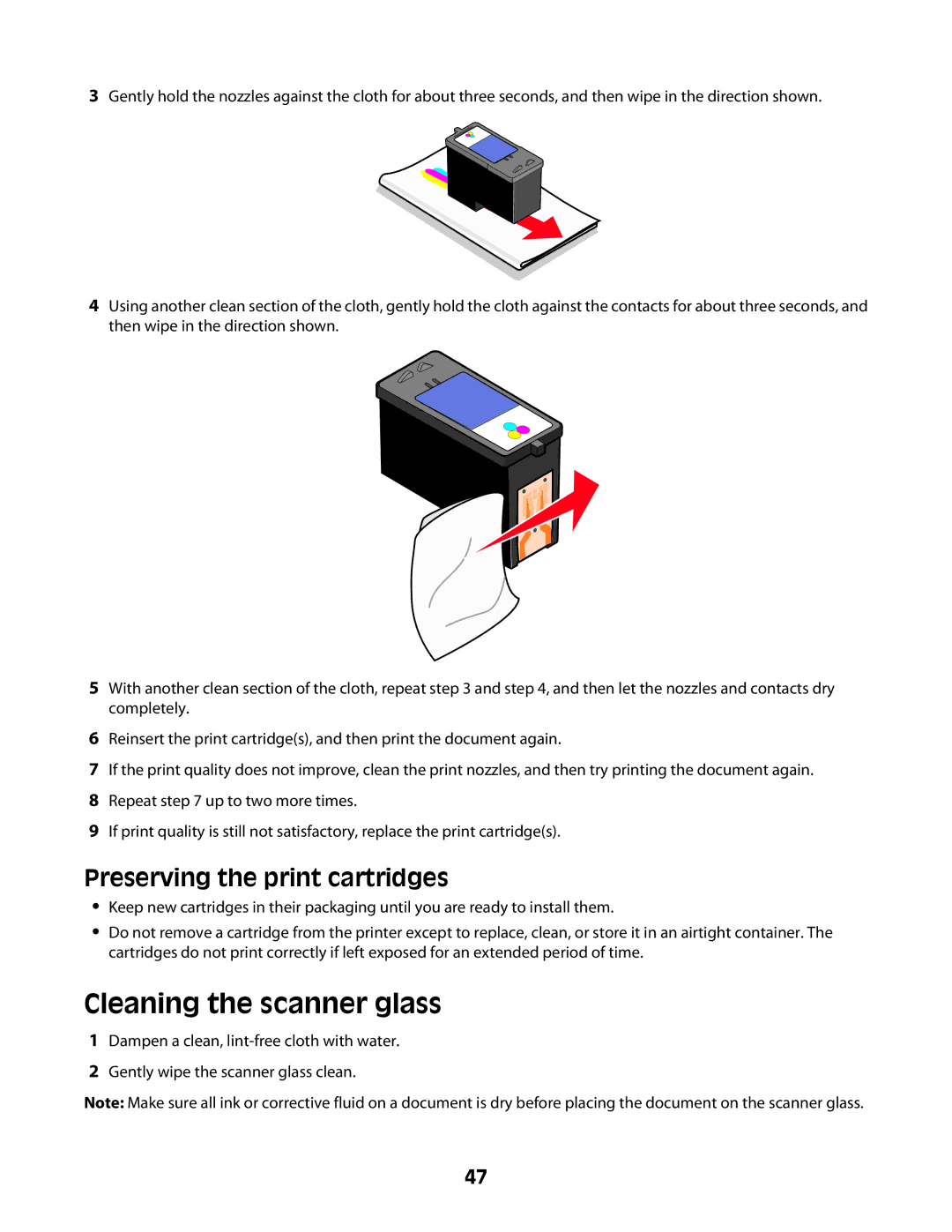 Lexmark 2600 manual Cleaning the scanner glass, Preserving the print cartridges 