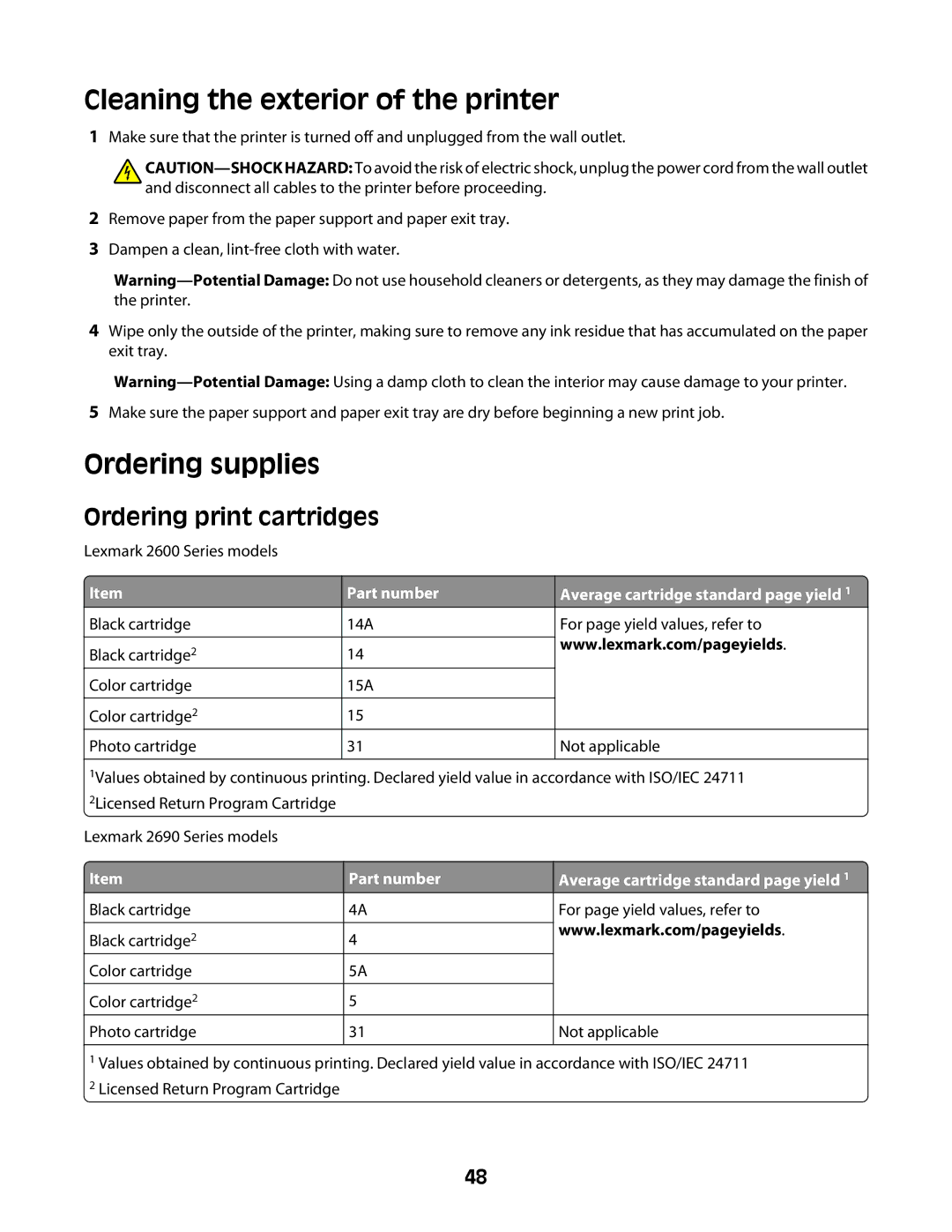 Lexmark 2600 manual Cleaning the exterior of the printer, Ordering supplies, Ordering print cartridges 