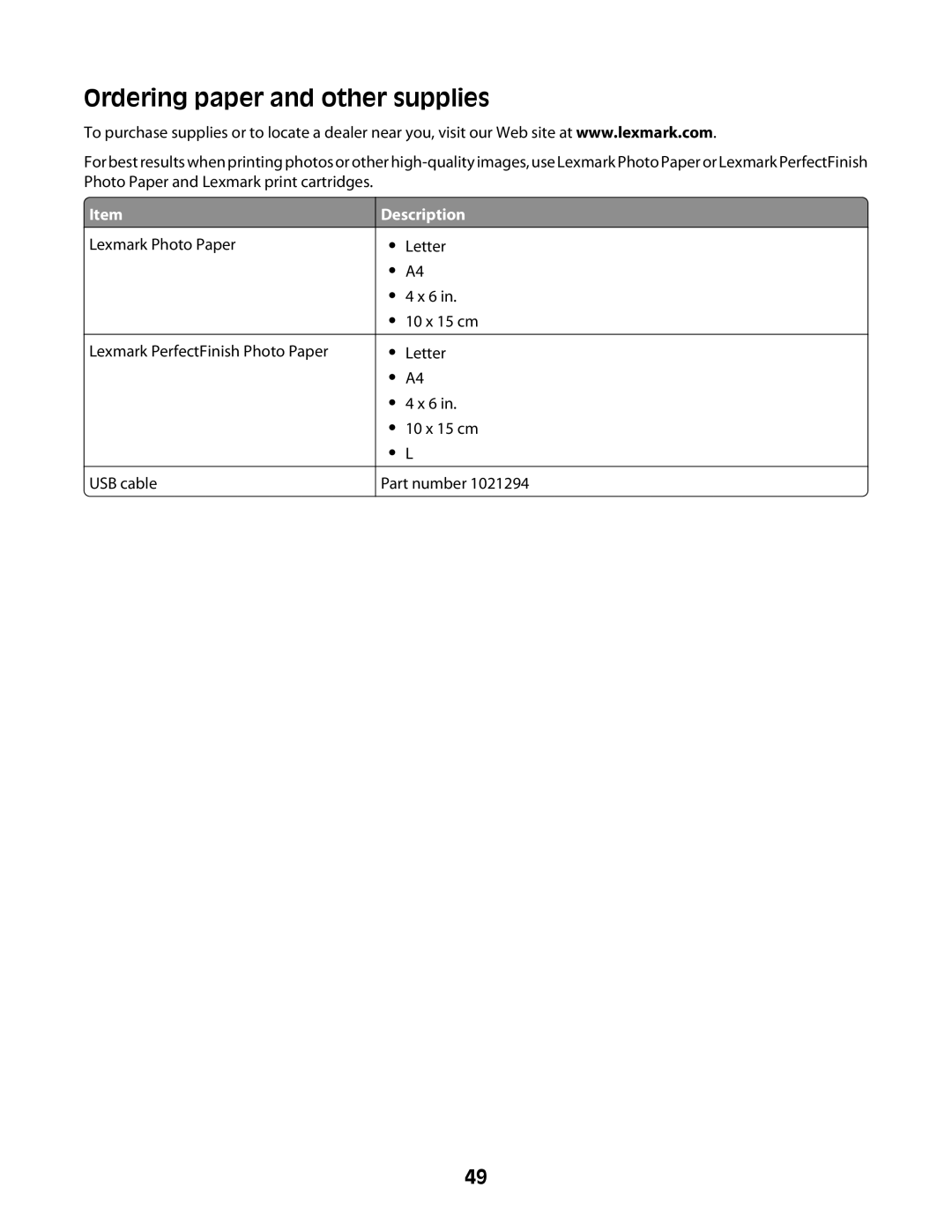 Lexmark 2600 manual Ordering paper and other supplies, Description 