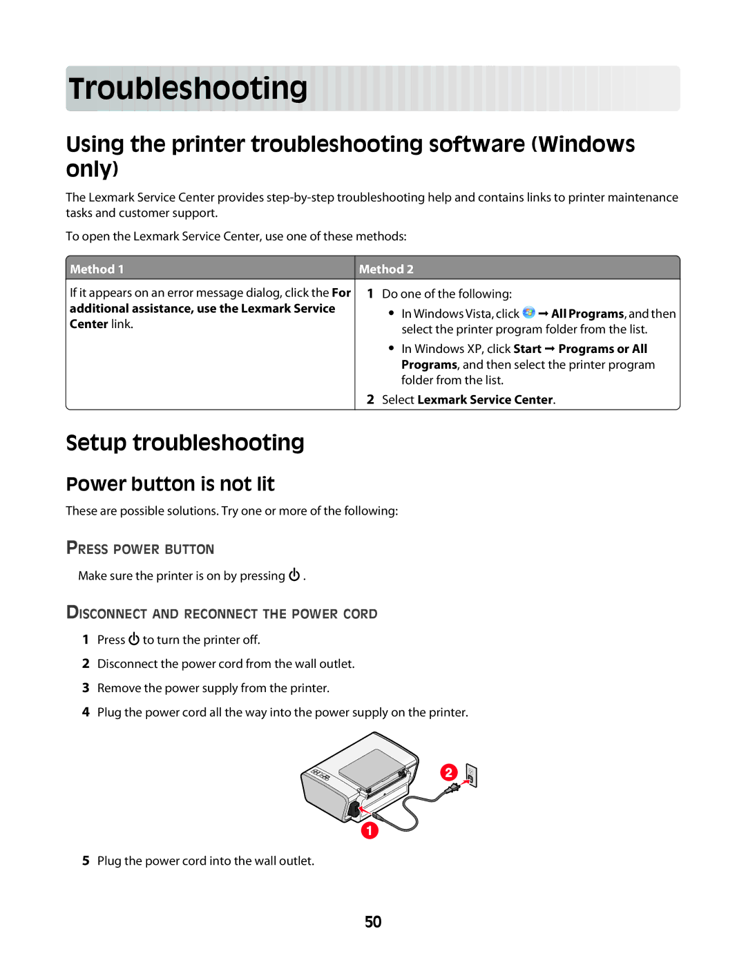 Lexmark 2600 Troublesho oting, Using the printer troubleshooting software Windows only, Setup troubleshooting, Method 