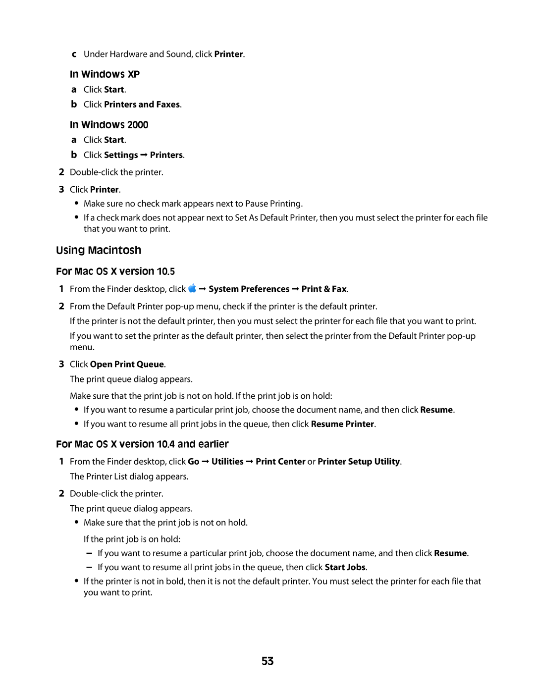 Lexmark 2600 manual Windows XP, Click Printers and Faxes Windows, For Mac OS X version, Click Open Print Queue 