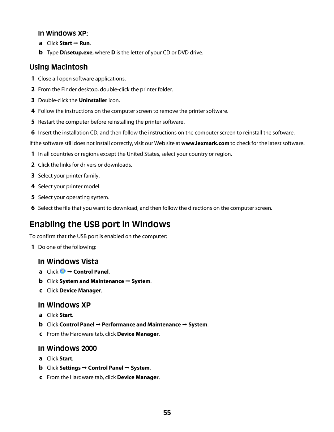 Lexmark 2600 manual Enabling the USB port in Windows, Click Start Œ Run, Click Settings Œ Control Panel Œ System 