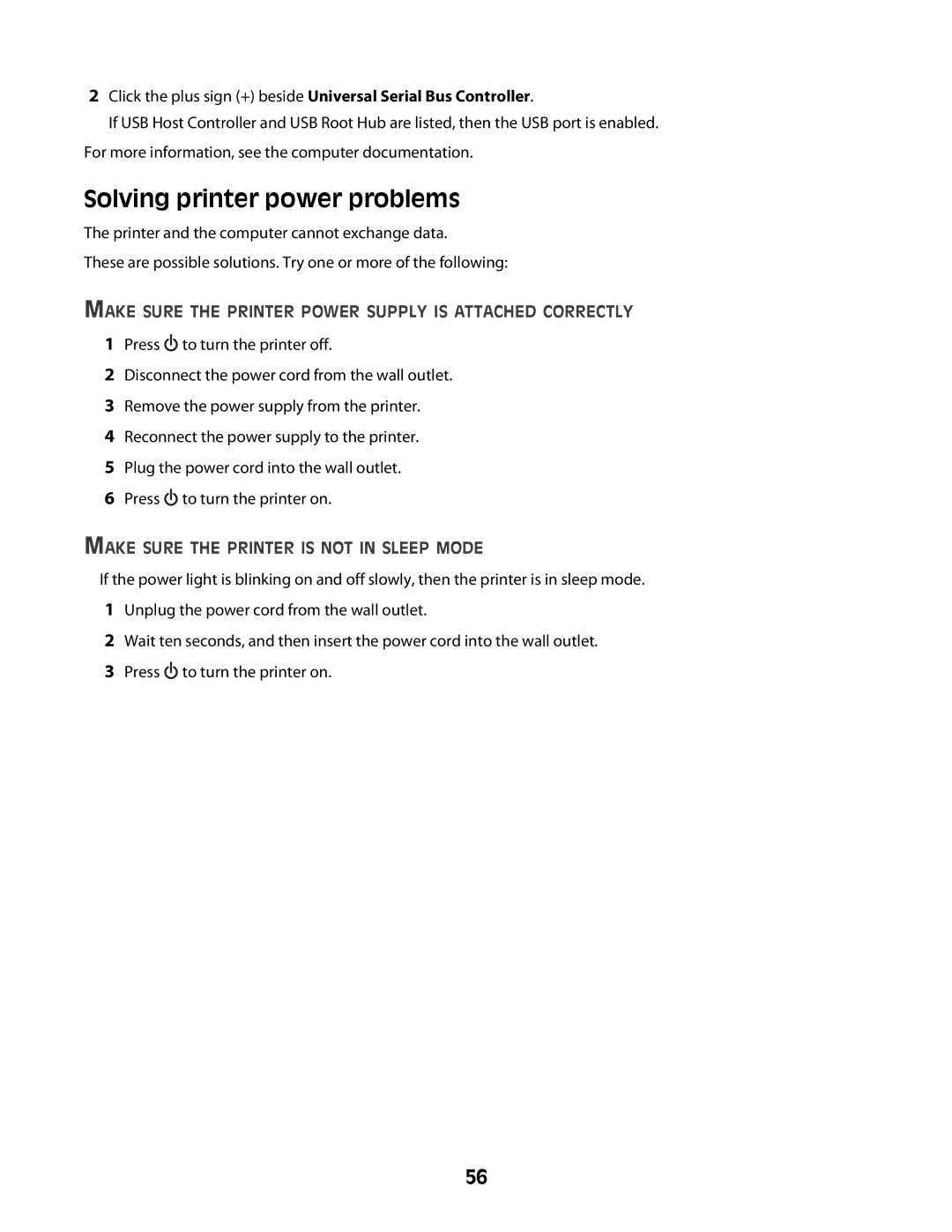 Lexmark 2600 manual Solving printer power problems, Make Sure the Printer Power Supply is Attached Correctly 