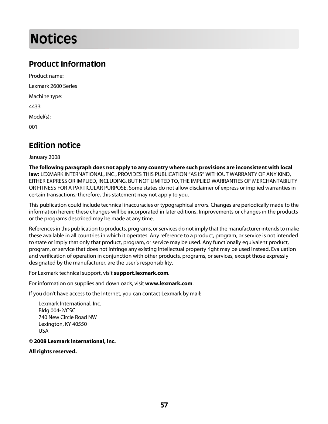 Lexmark 2600 manual Edition notice, Lexmark International, Inc. All rights reserved 