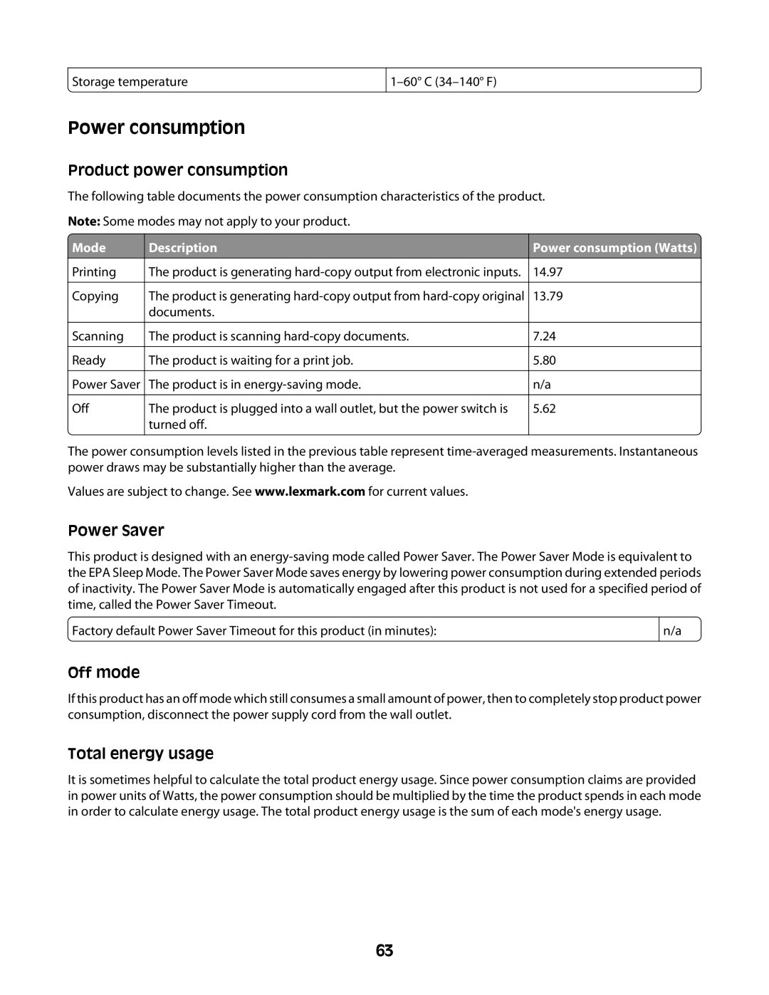 Lexmark 2600 manual Power consumption, Mode Description 