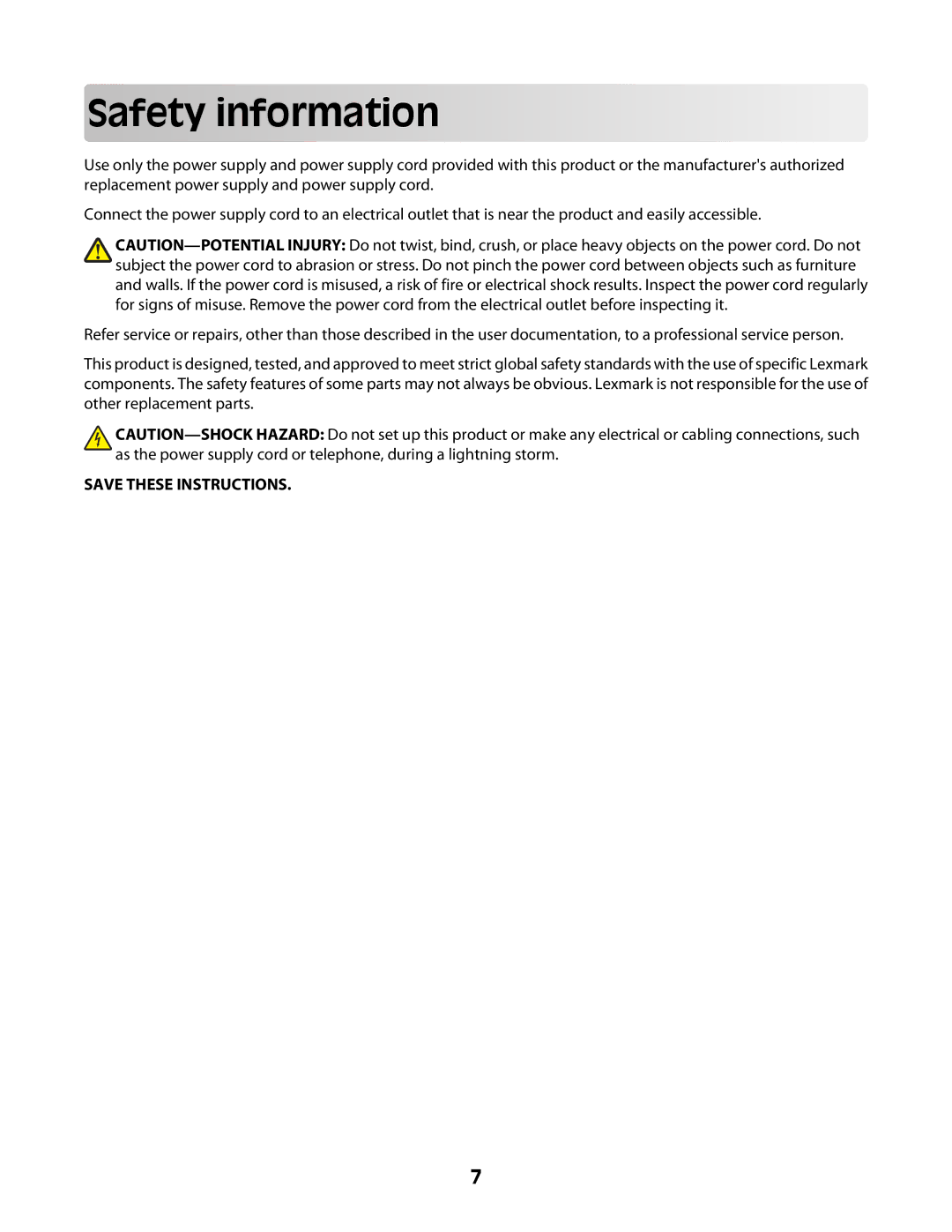 Lexmark 2600 manual Safety info rm ation 