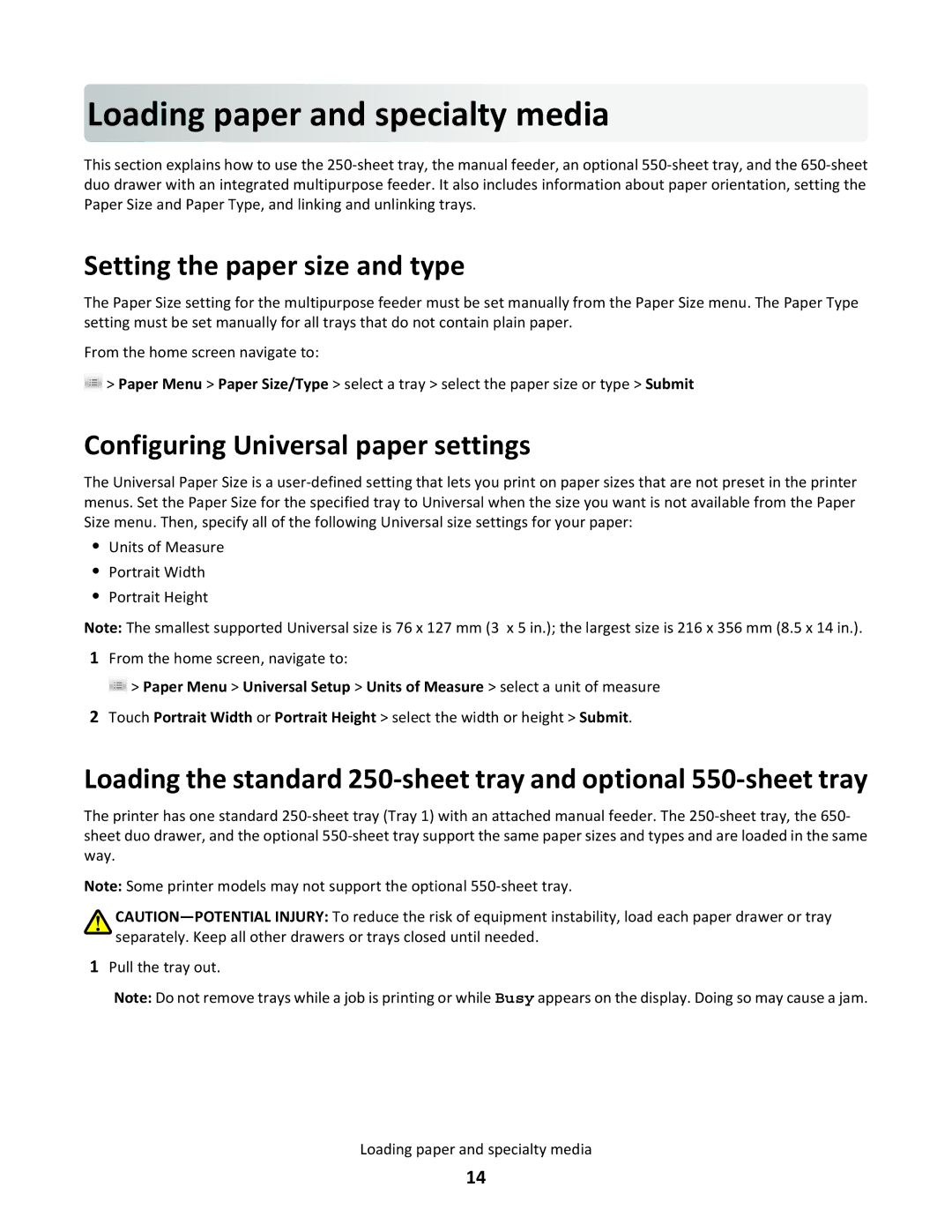 Lexmark 26G0374 manual Lo a d in g paper and specia lty media, Setting the paper size and type 