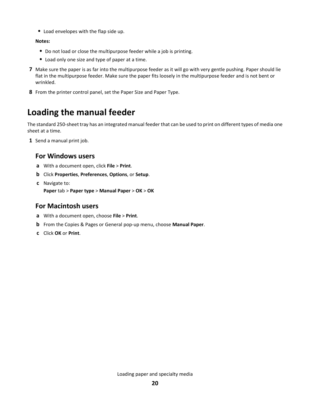 Lexmark 26G0374 Loading the manual feeder, For Windows users, For Macintosh users 