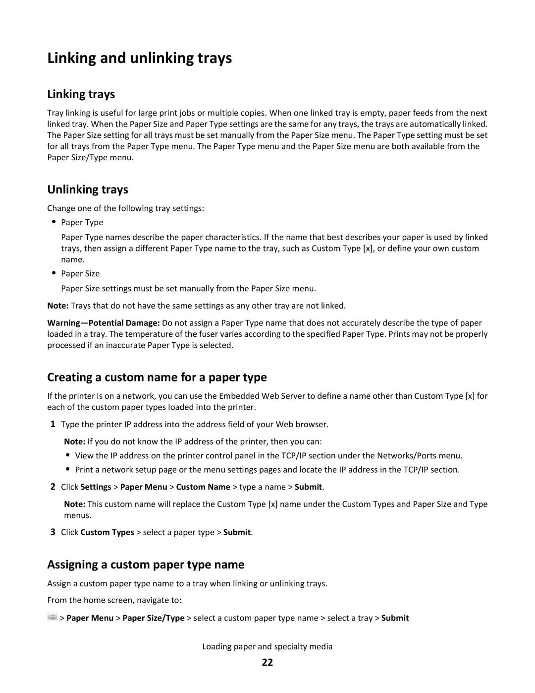 Lexmark 26G0374 manual Linking and unlinking trays, Linking trays, Unlinking trays, Creating a custom name for a paper type 