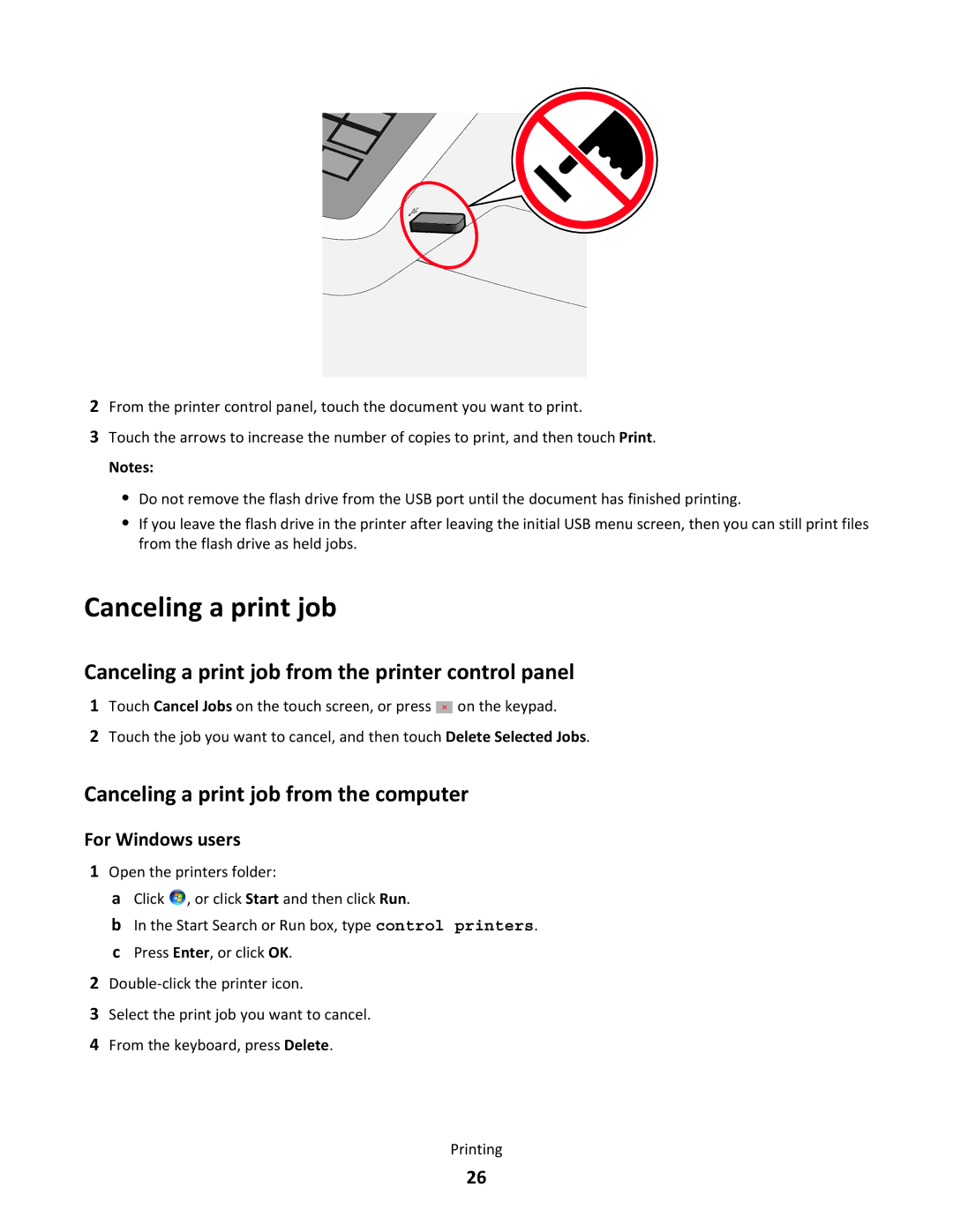 Lexmark 26G0374 manual Canceling a print job from the printer control panel, Canceling a print job from the computer 