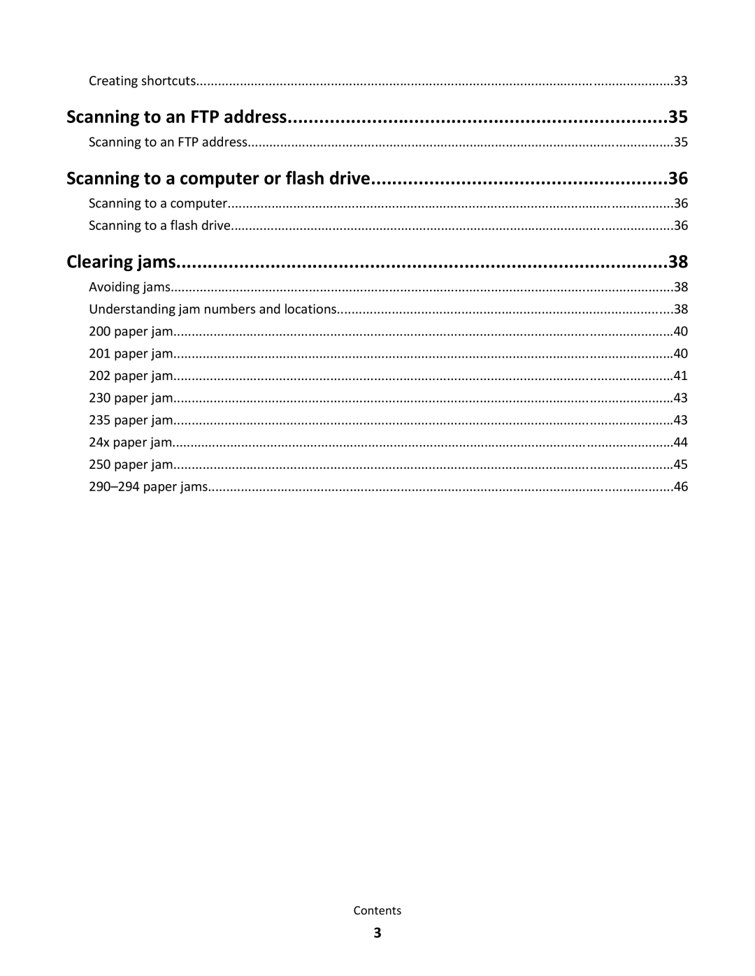 Lexmark 26G0374 manual Scanning to an FTP address, Scanning to a computer or flash drive, Clearing jams 