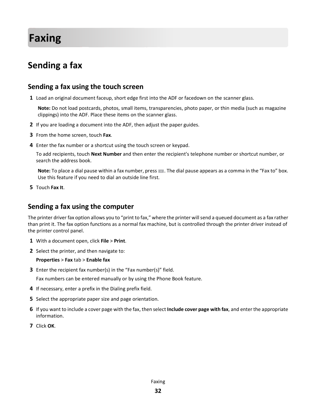 Lexmark 26G0374 manual Fa x in g, Sending a fax using the touch screen, Sending a fax using the computer 