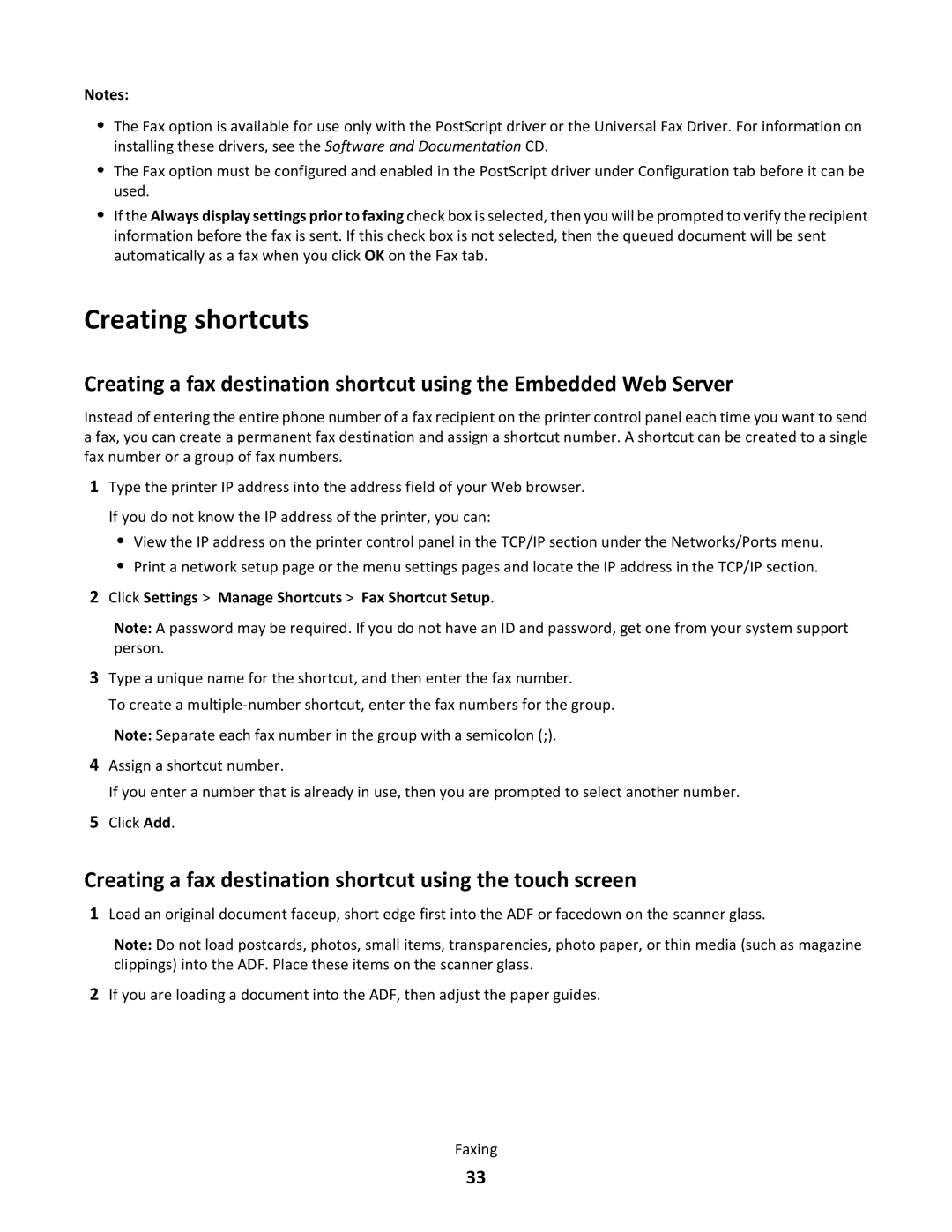 Lexmark 26G0374 manual Creating shortcuts, Creating a fax destination shortcut using the touch screen 