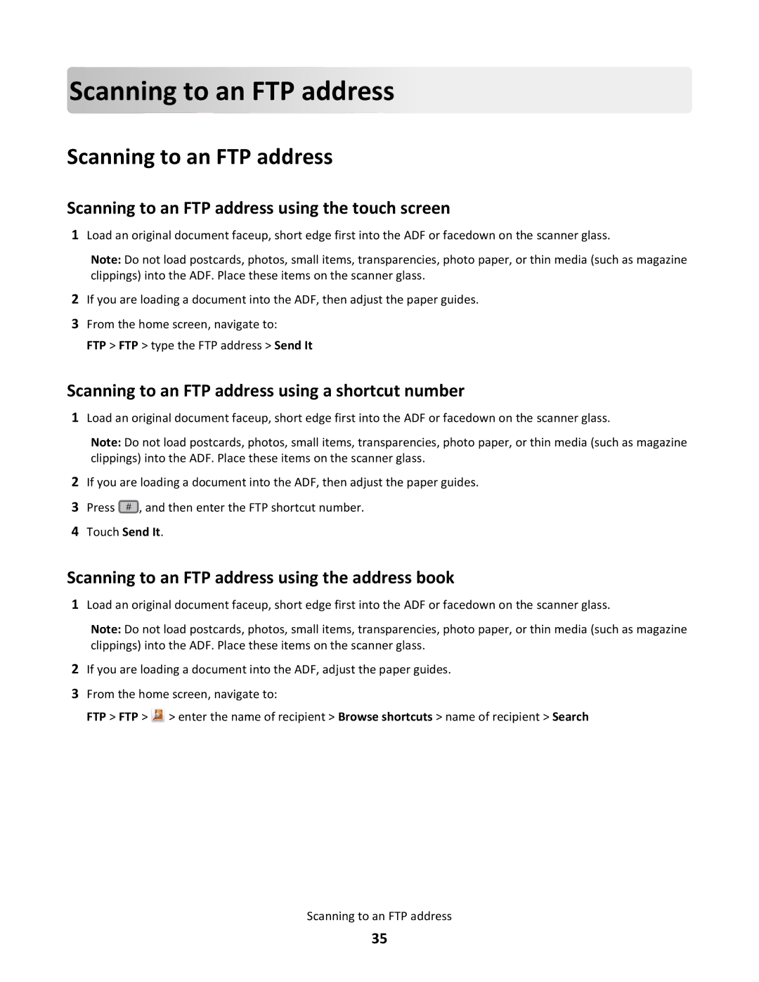 Lexmark 26G0374 manual Scanning to an FTP addr e ss, Scanning to an FTP address 