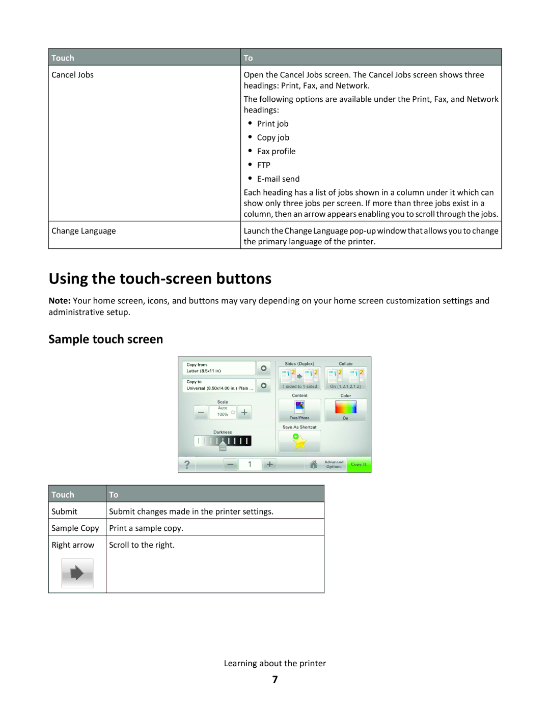 Lexmark 26G0374 manual Using the touch-screen buttons, Sample touch screen 