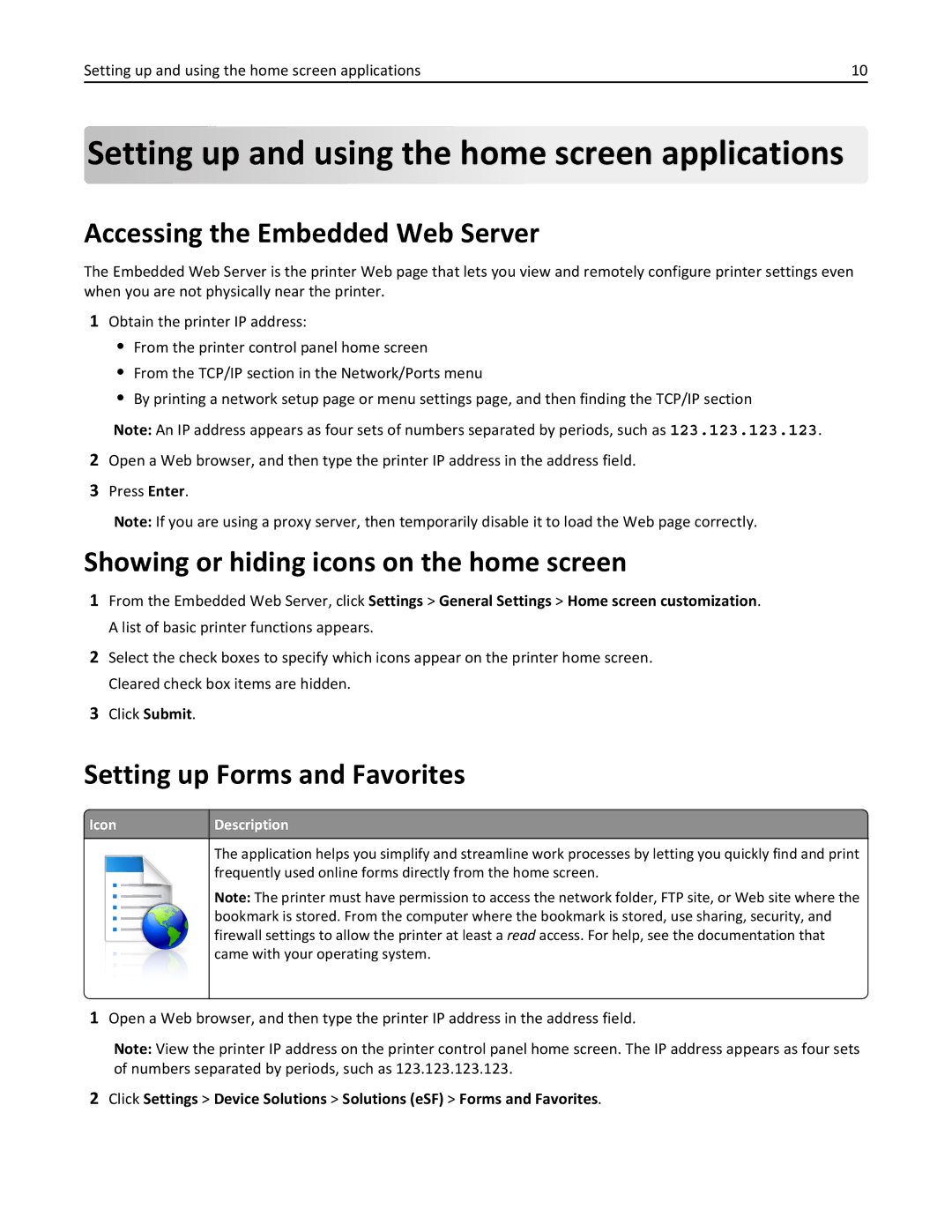 Lexmark 26GT220 Setting up and using the home screen applications, Accessing the Embedded Web Server, Icon Description 