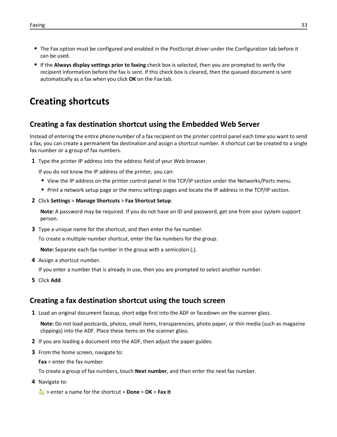 Lexmark X548DE, 26GT220 manual Creating shortcuts, Creating a fax destination shortcut using the touch screen 