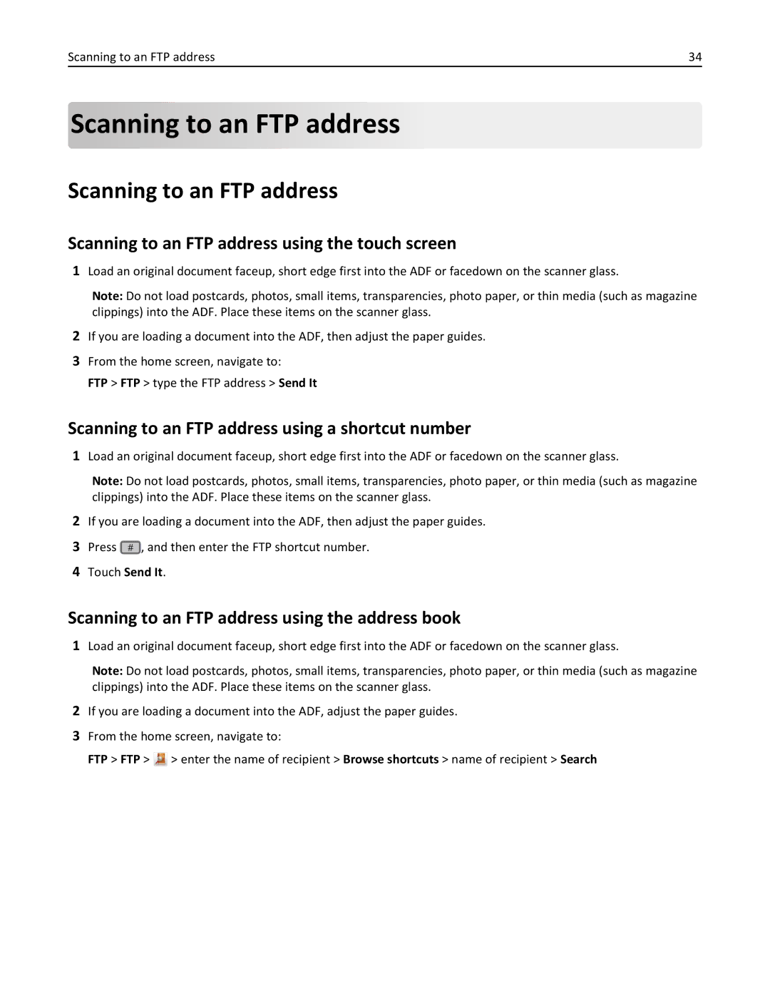 Lexmark 26GT220 Scanning to an FTP address using the touch screen, Scanning to an FTP address using a shortcut number 