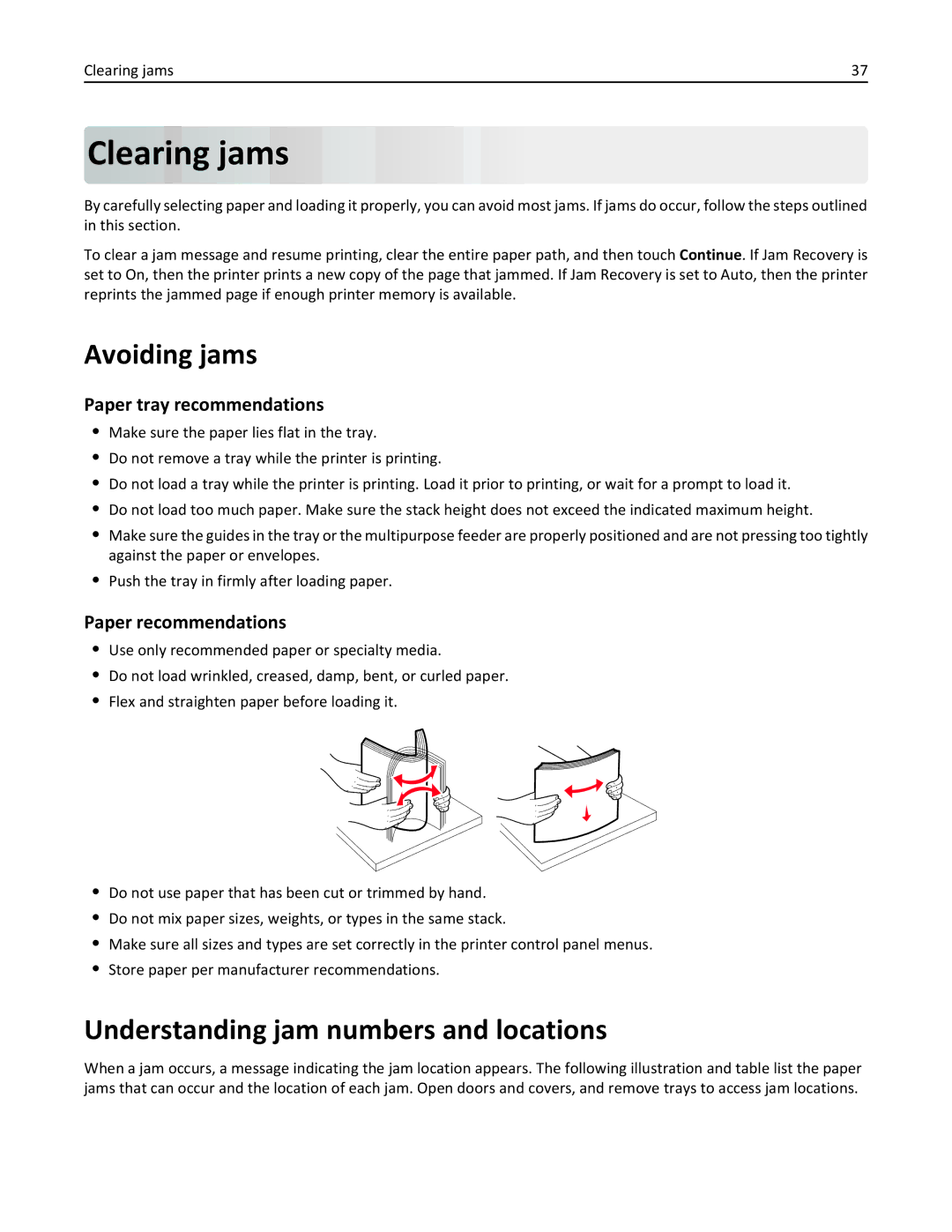 Lexmark X548DE, 26GT220 manual Clearing jams, Avoiding jams, Understanding jam numbers and locations 