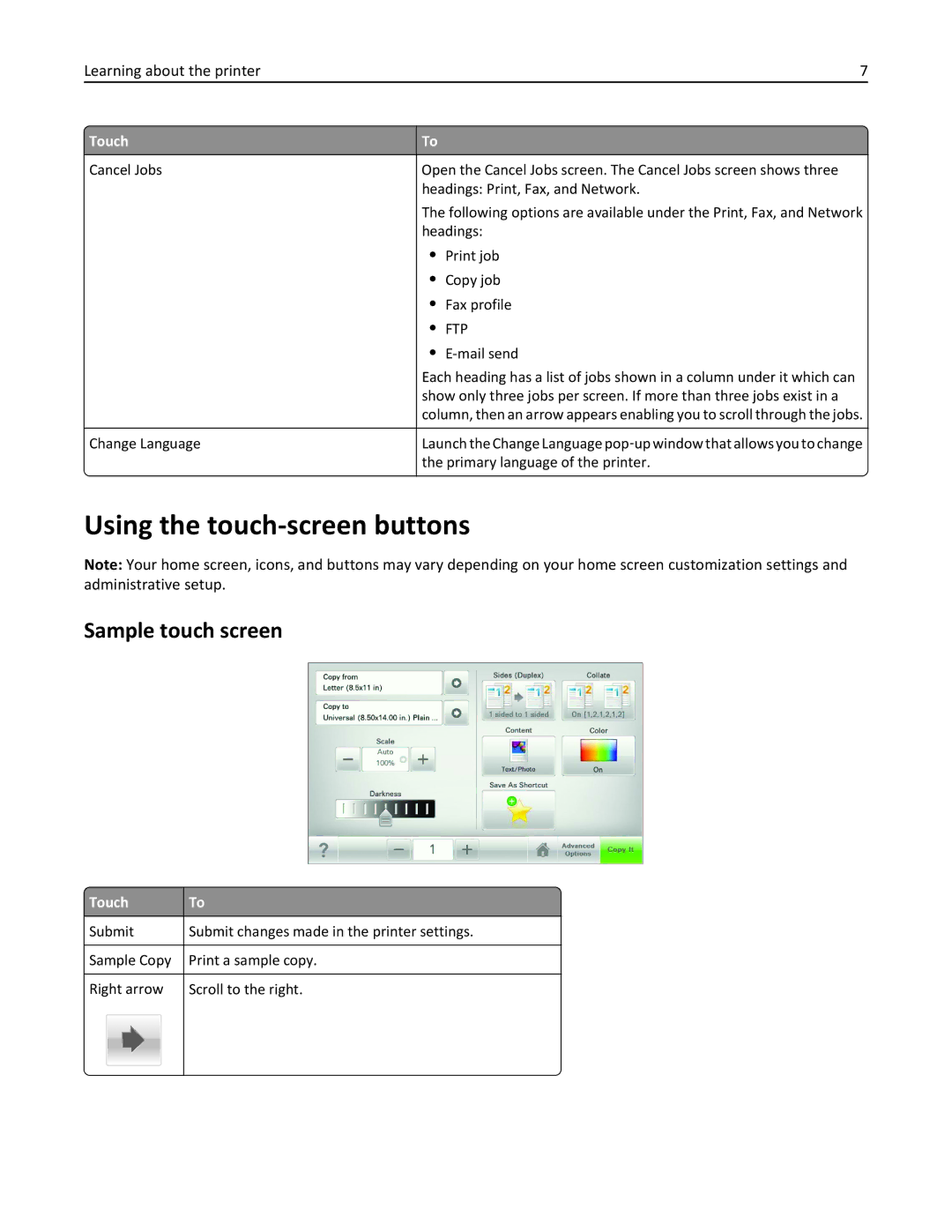 Lexmark X548DE, 26GT220 manual Using the touch-screen buttons, Sample touch screen 