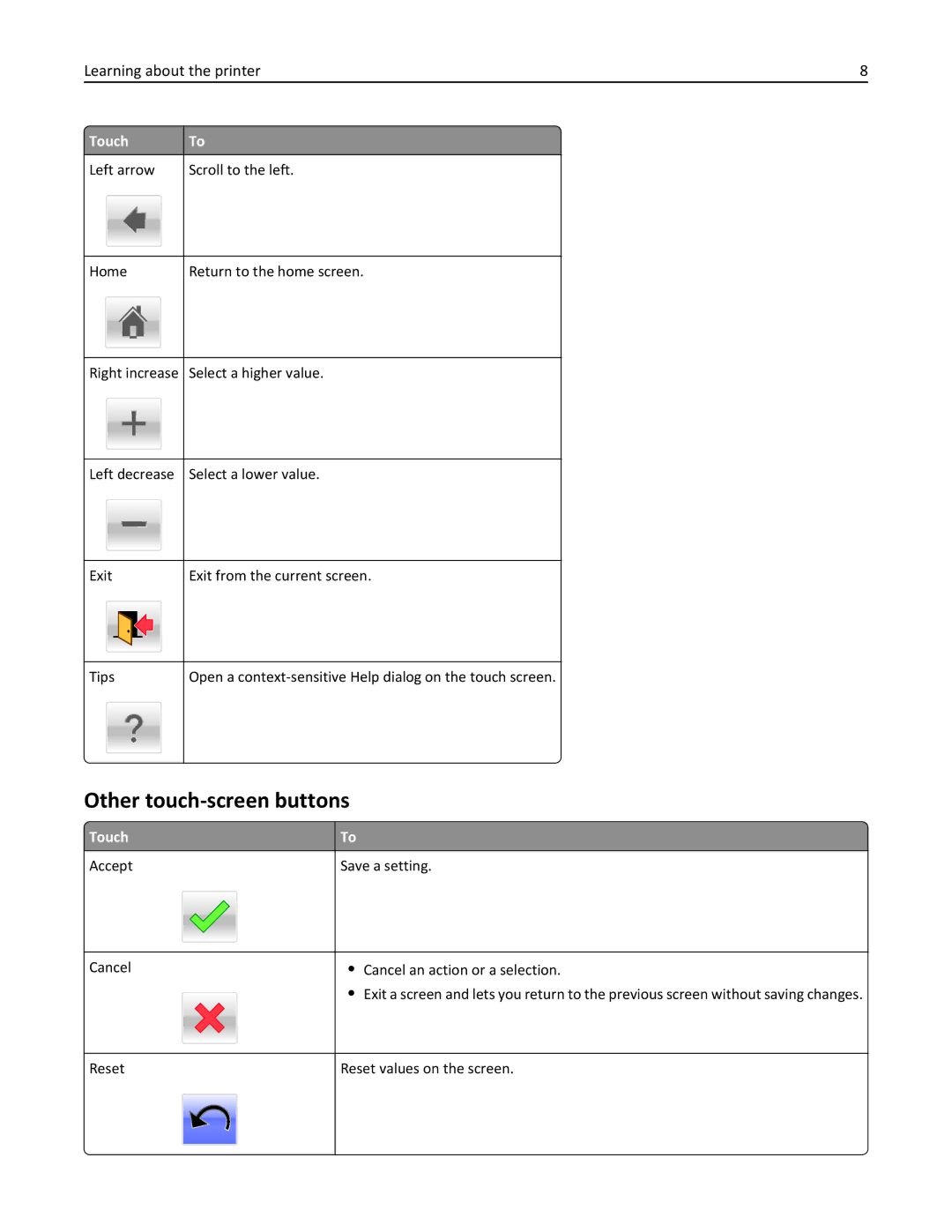 Lexmark 26GT220, X548DE manual Other touch-screen buttons, Touch Left arrow Scroll to the left 