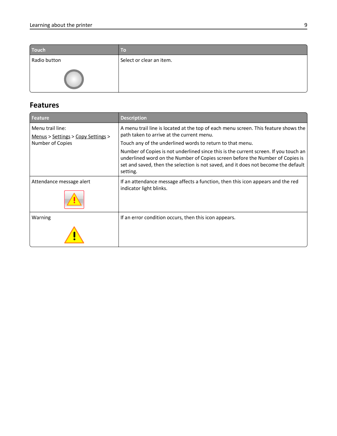 Lexmark X548DE, 26GT220 manual Features, Touch Radio button Select or clear an item, Feature Description 