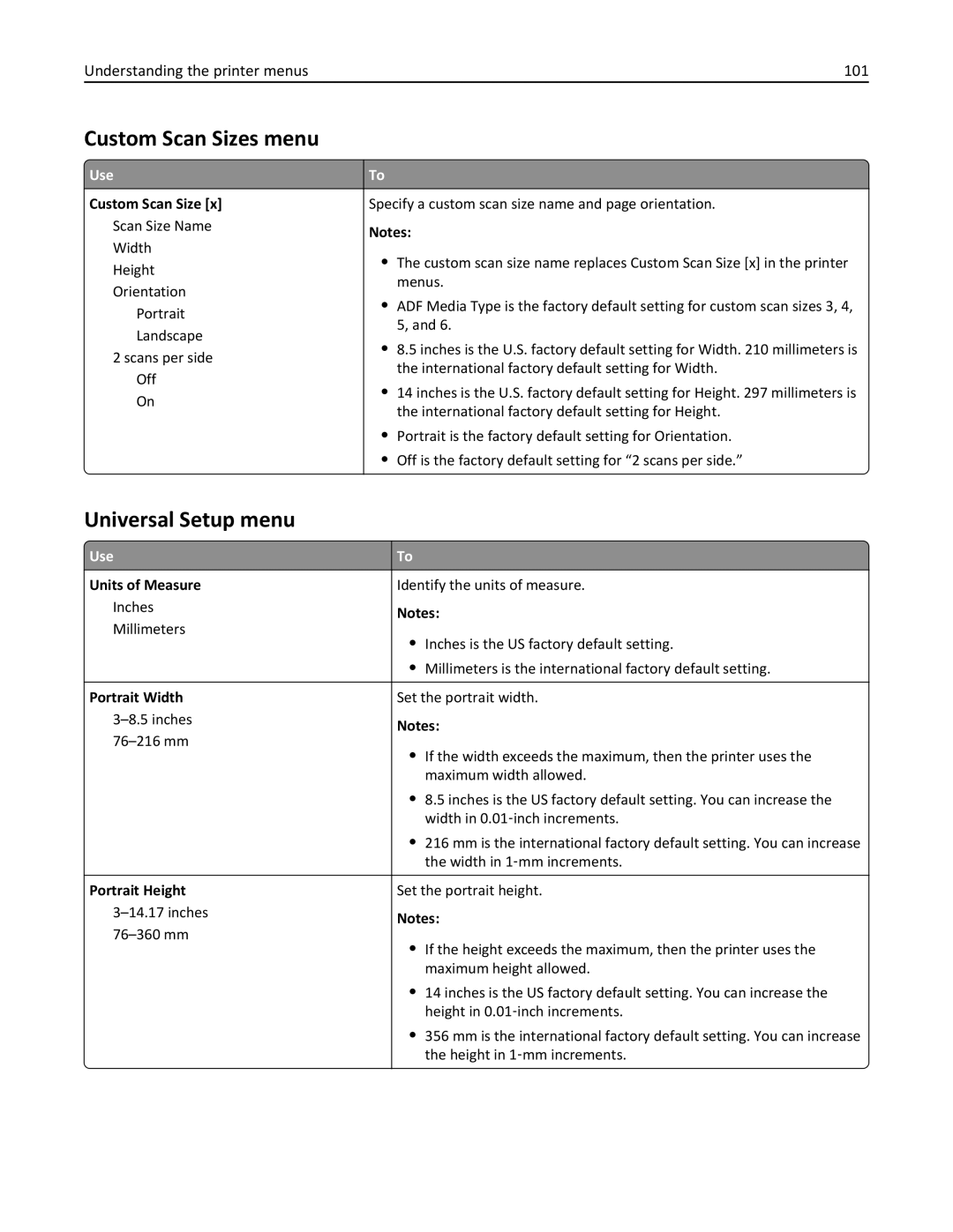 Lexmark 279 manual Custom Scan Sizes menu, Universal Setup menu, Understanding the printer menus 101 