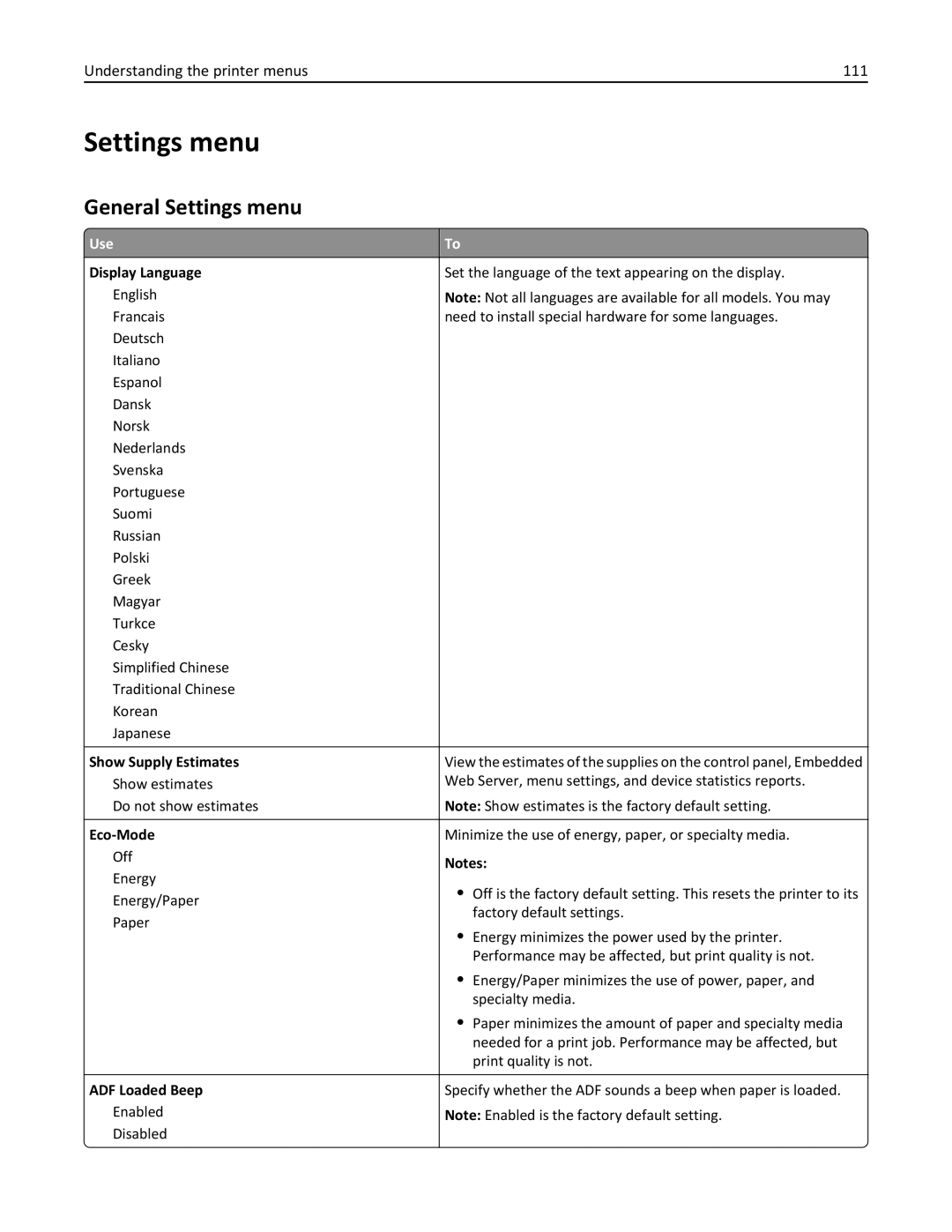 Lexmark 279 manual General Settings menu, Understanding the printer menus 111 