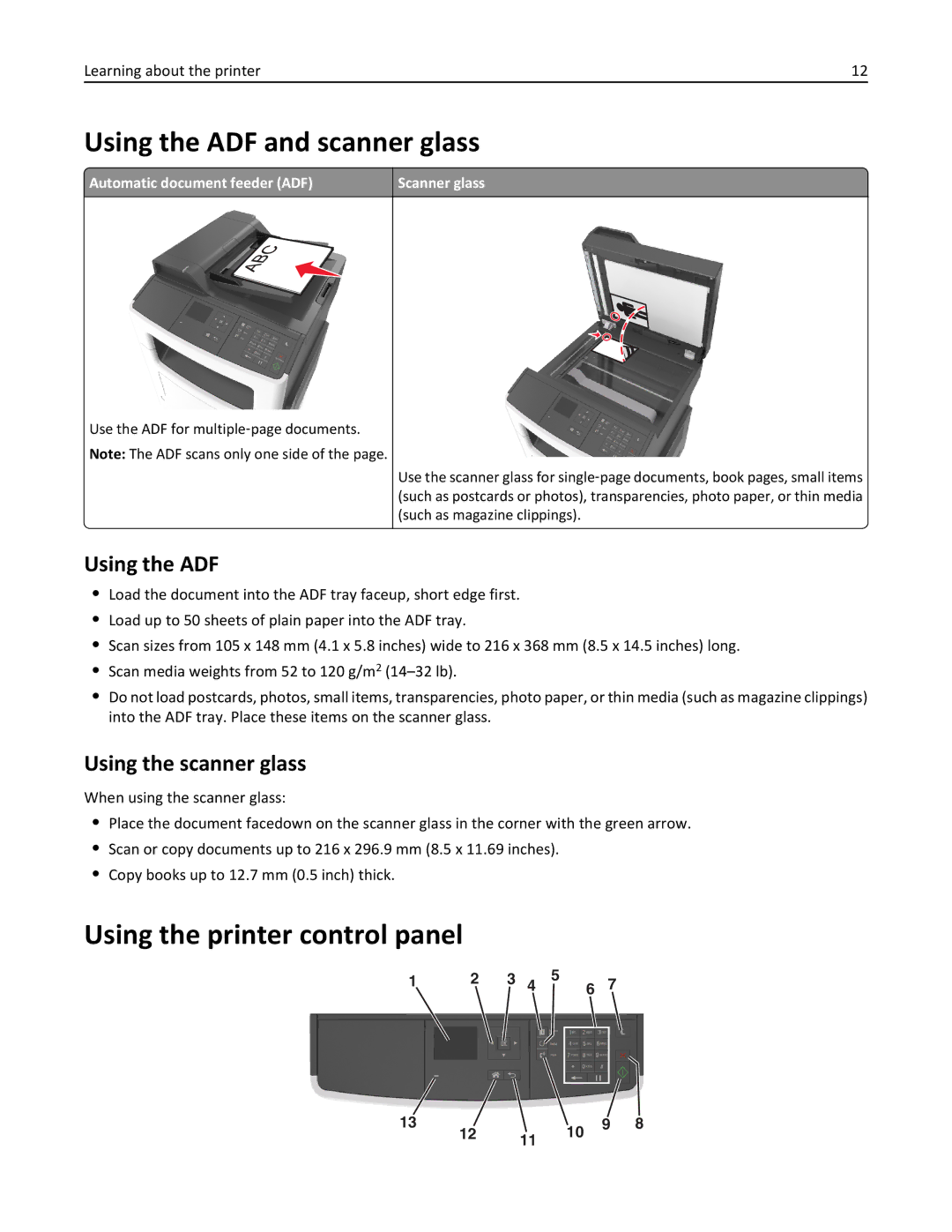 Lexmark 279 manual Using the ADF and scanner glass, Using the printer control panel, Using the scanner glass 