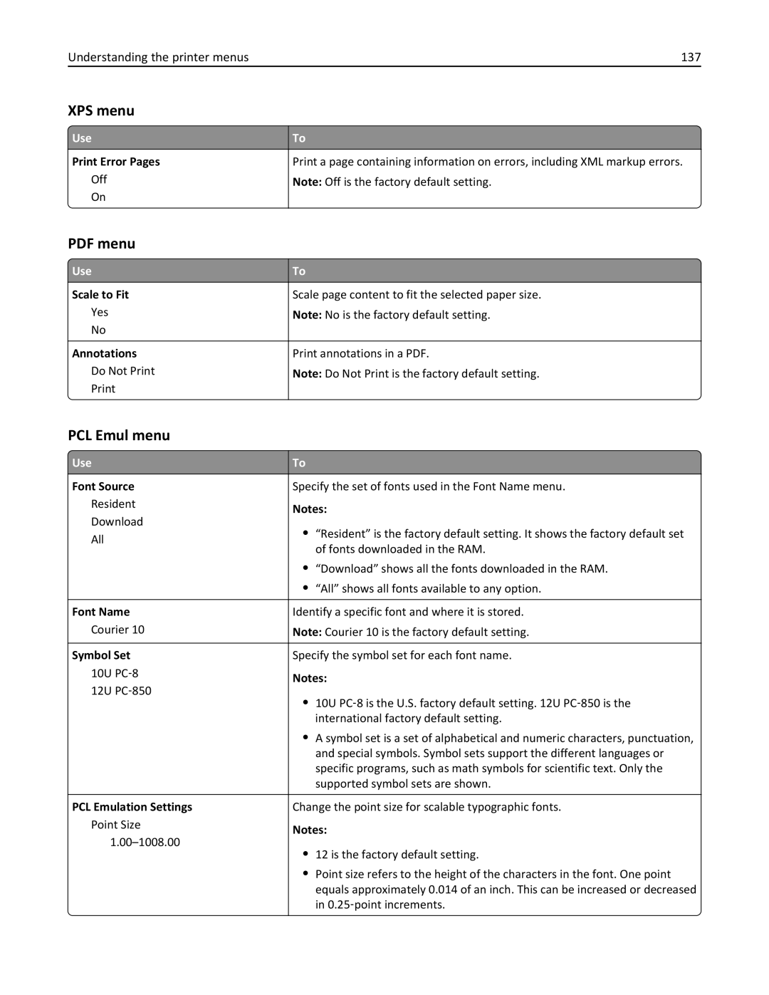 Lexmark 279 manual XPS menu, PCL Emul menu, Understanding the printer menus 137 