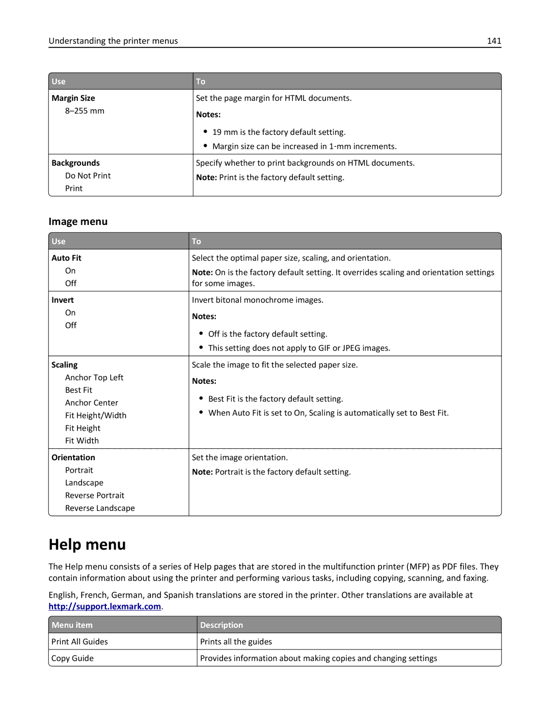 Lexmark 279 manual Help menu, Image menu, Understanding the printer menus 141, Menu item Description 