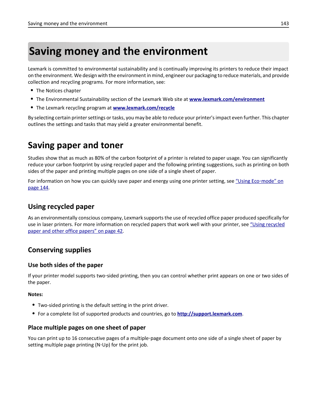 Lexmark 279 manual Saving money and the environment, Saving paper and toner, Using recycled paper, Conserving supplies 