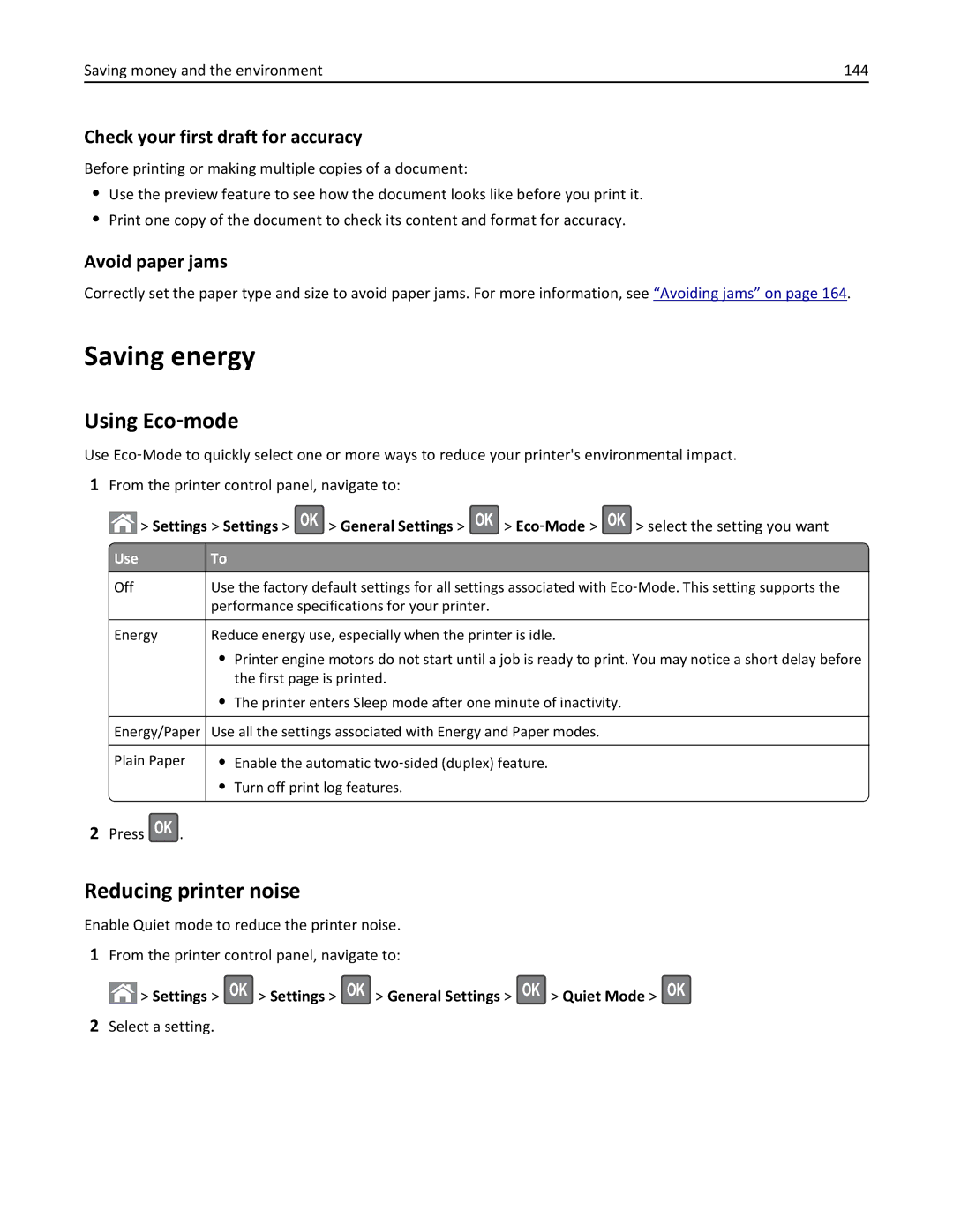 Lexmark 279 Saving energy, Using Eco‑mode, Reducing printer noise, Check your first draft for accuracy, Avoid paper jams 