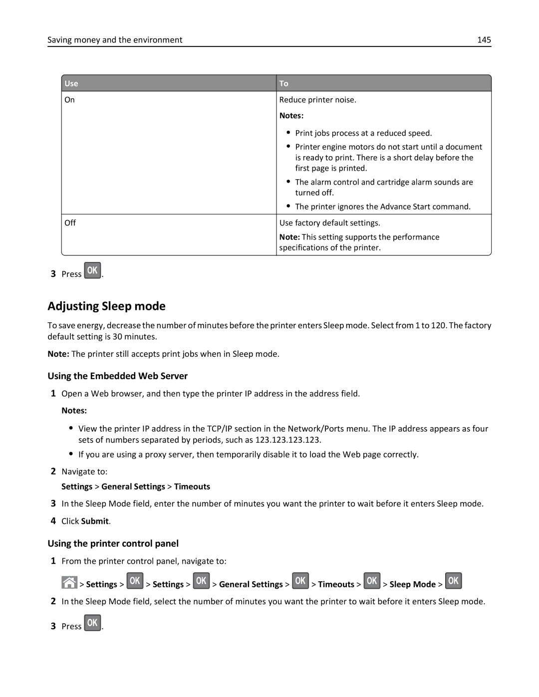 Lexmark 279 manual Adjusting Sleep mode, Saving money and the environment 145, Settings General Settings Timeouts 