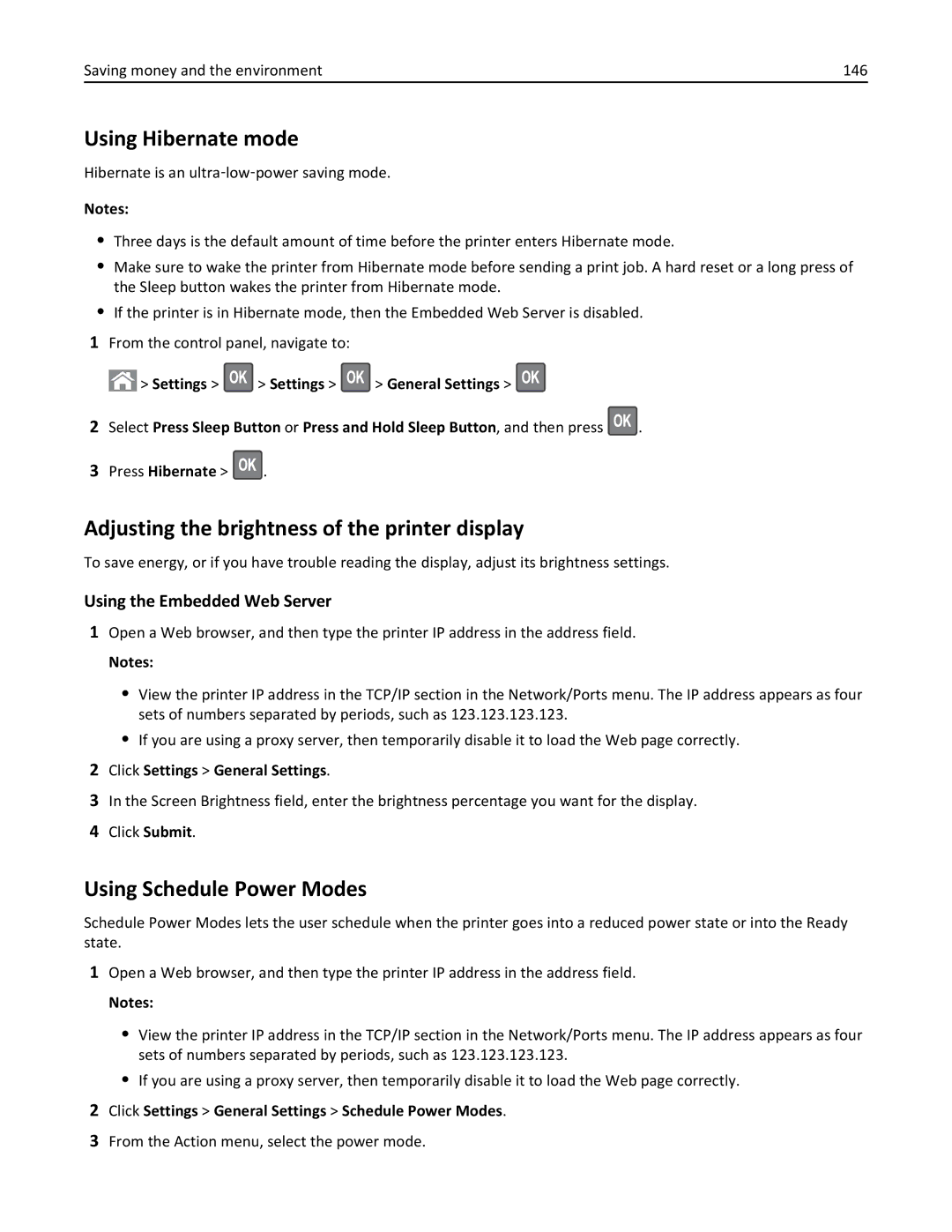 Lexmark 279 manual Using Hibernate mode, Adjusting the brightness of the printer display, Using Schedule Power Modes 