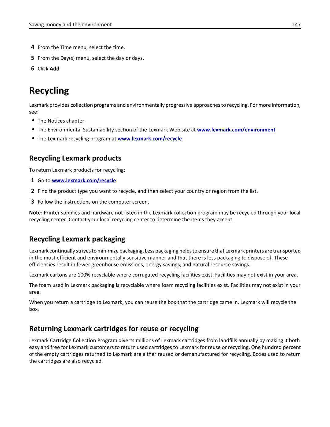 Lexmark 279 manual Recycling Lexmark products, Recycling Lexmark packaging 