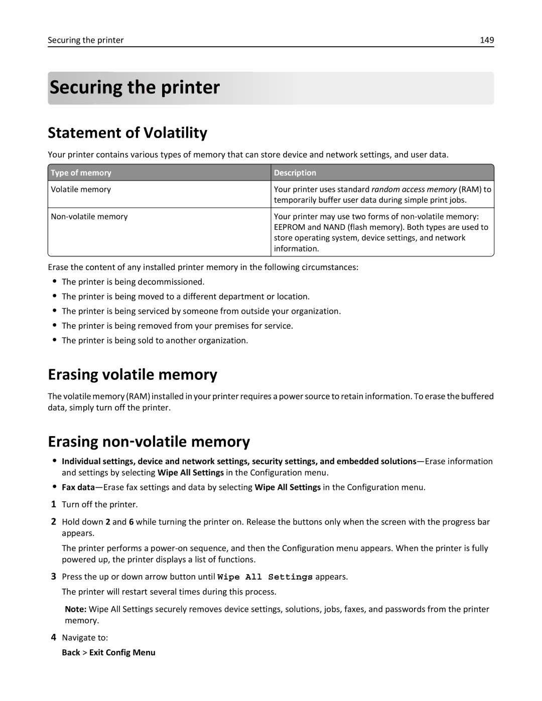 Lexmark 279 manual Securing the printer, Statement of Volatility, Erasing volatile memory, Erasing non‑volatile memory 