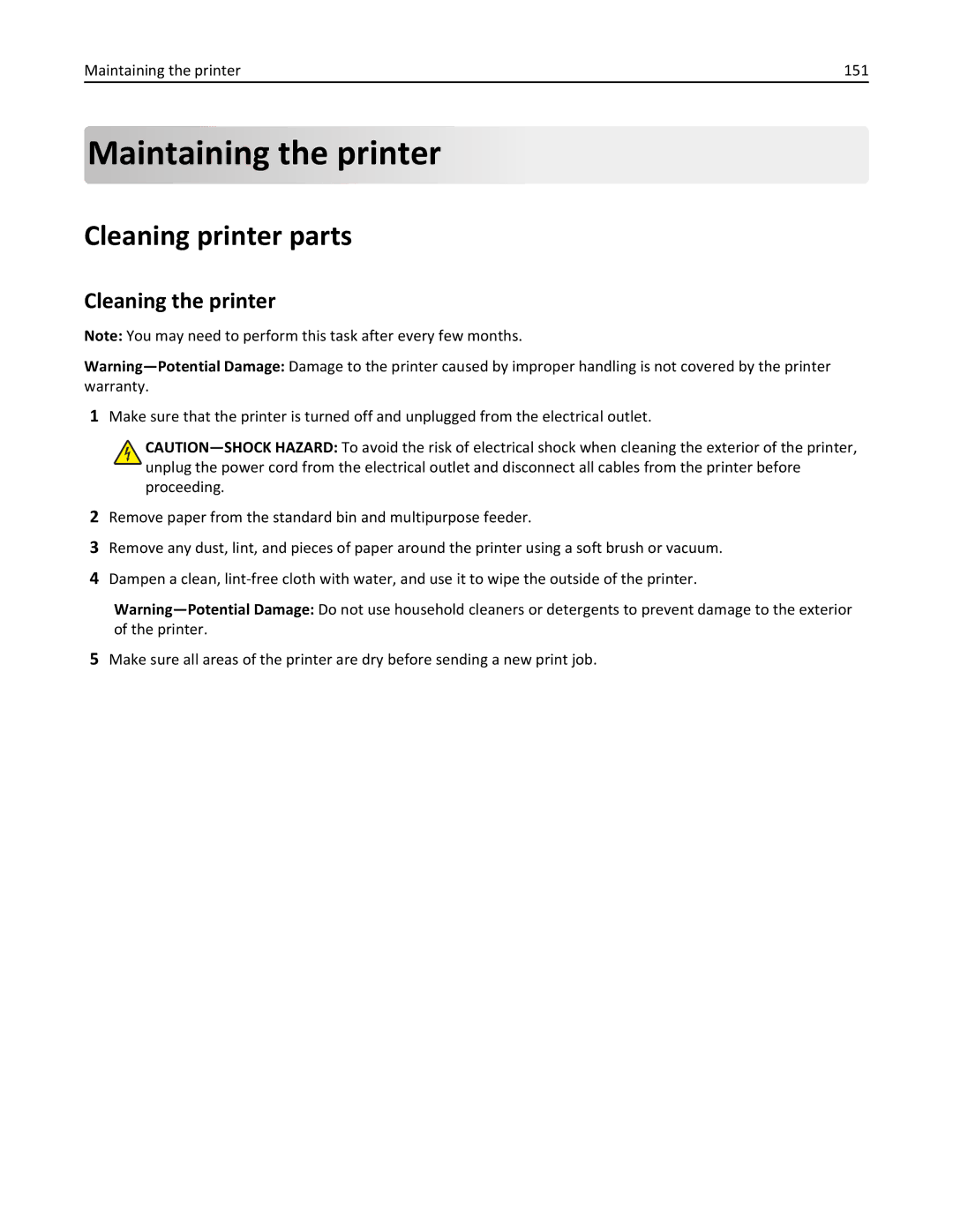 Lexmark 279 manual Cleaning printer parts, Cleaning the printer, Maintaining the printer 151 