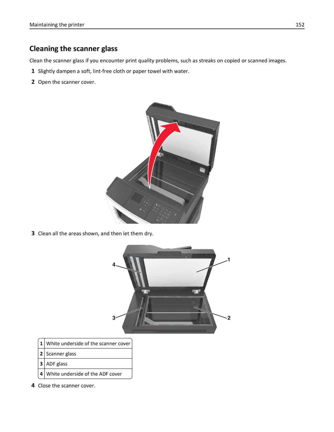 Lexmark 279 manual Cleaning the scanner glass, Maintaining the printer 152, Close the scanner cover 