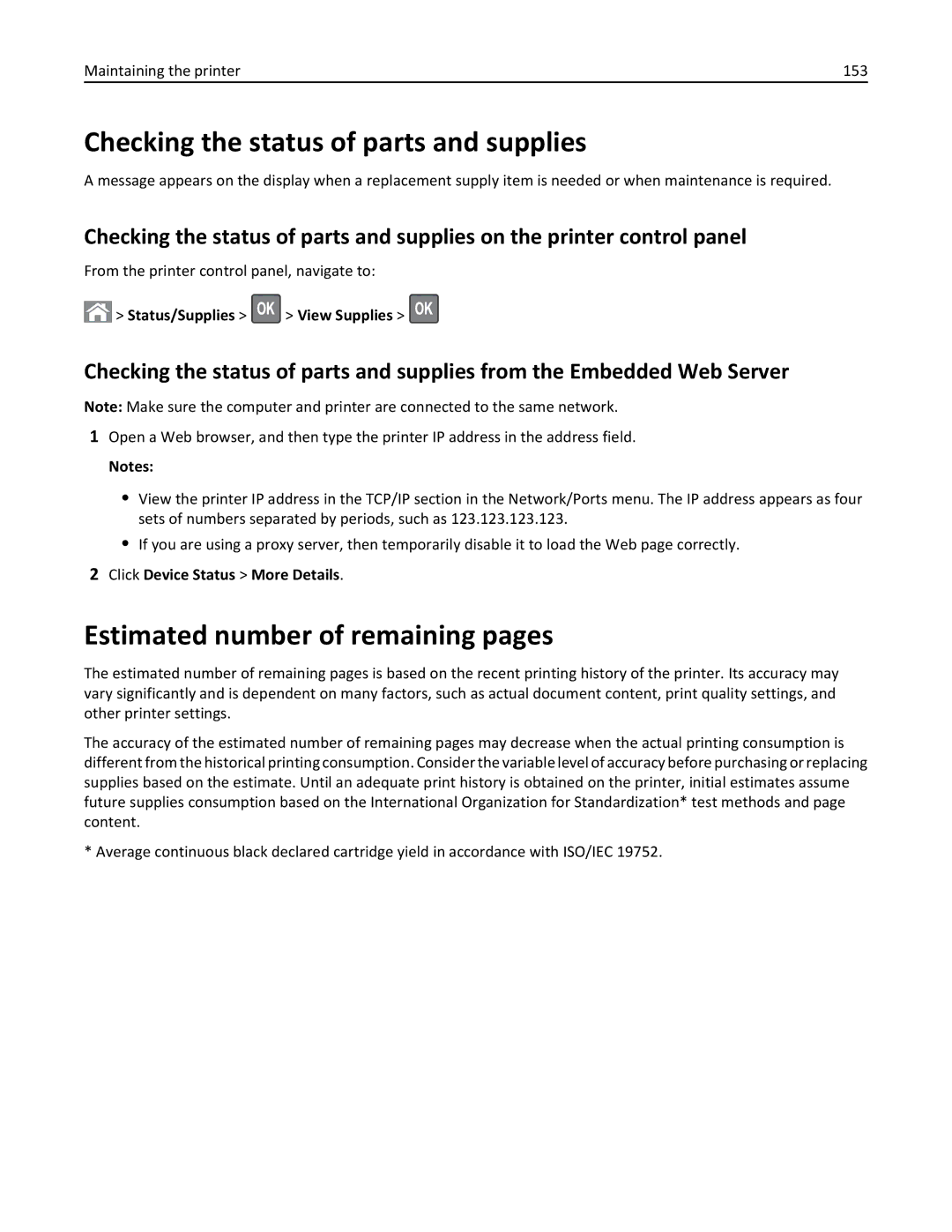 Lexmark 279 Checking the status of parts and supplies, Estimated number of remaining pages, Maintaining the printer 153 