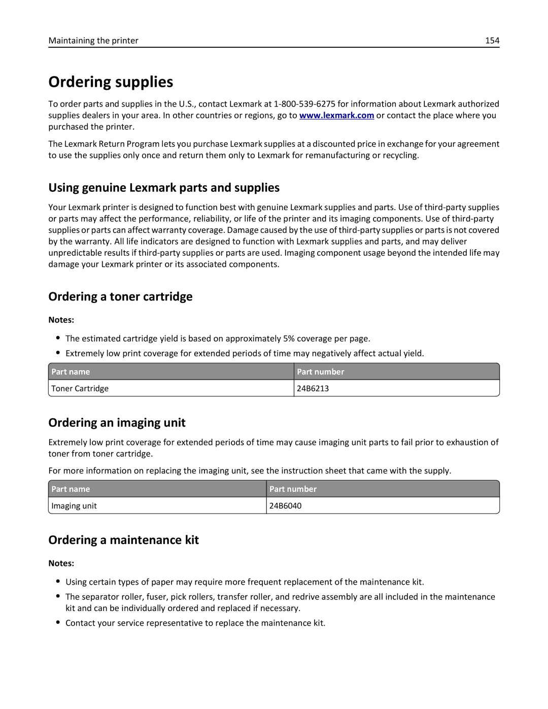 Lexmark 279 manual Ordering supplies, Using genuine Lexmark parts and supplies, Ordering a toner cartridge 