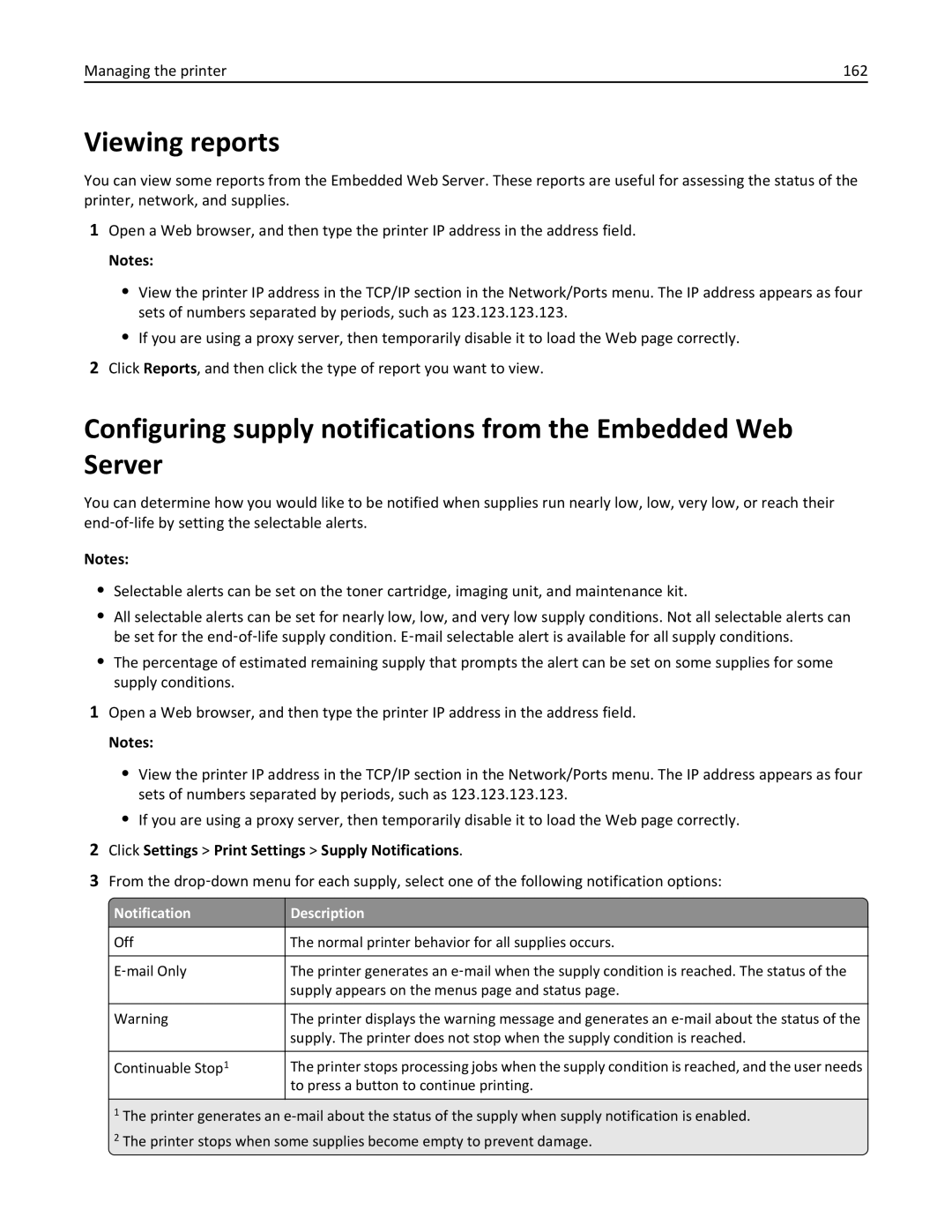 Lexmark 279 manual Viewing reports, Managing the printer 162, Click Settings Print Settings Supply Notifications 