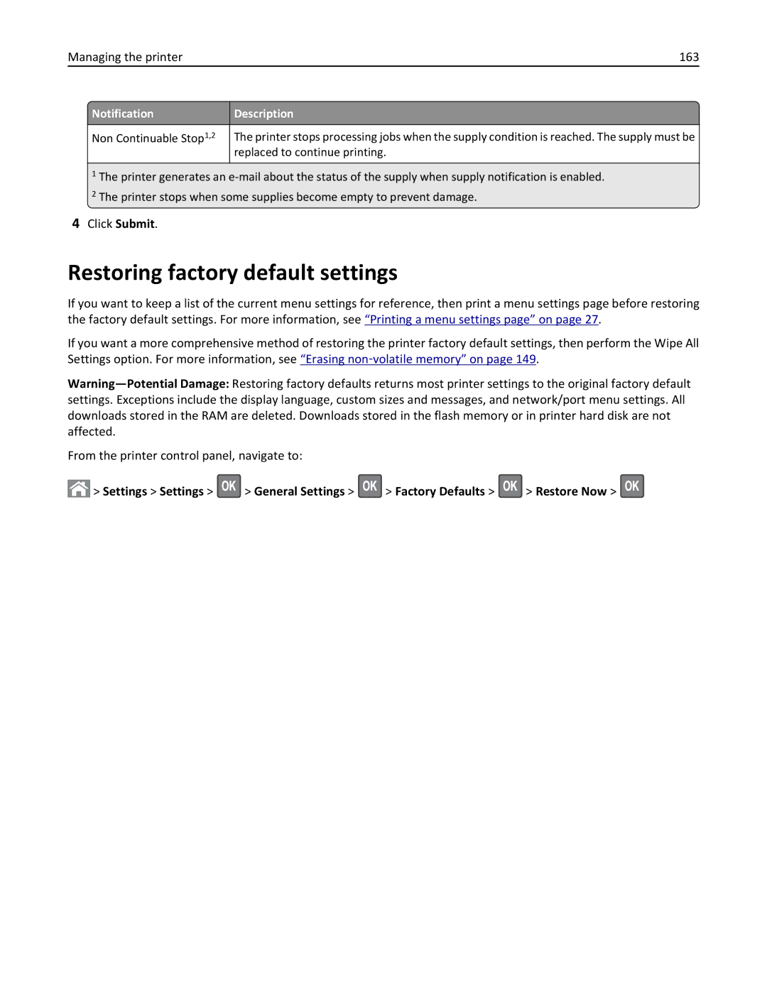 Lexmark 279 manual Restoring factory default settings, Notification Description Non Continuable Stop1,2 