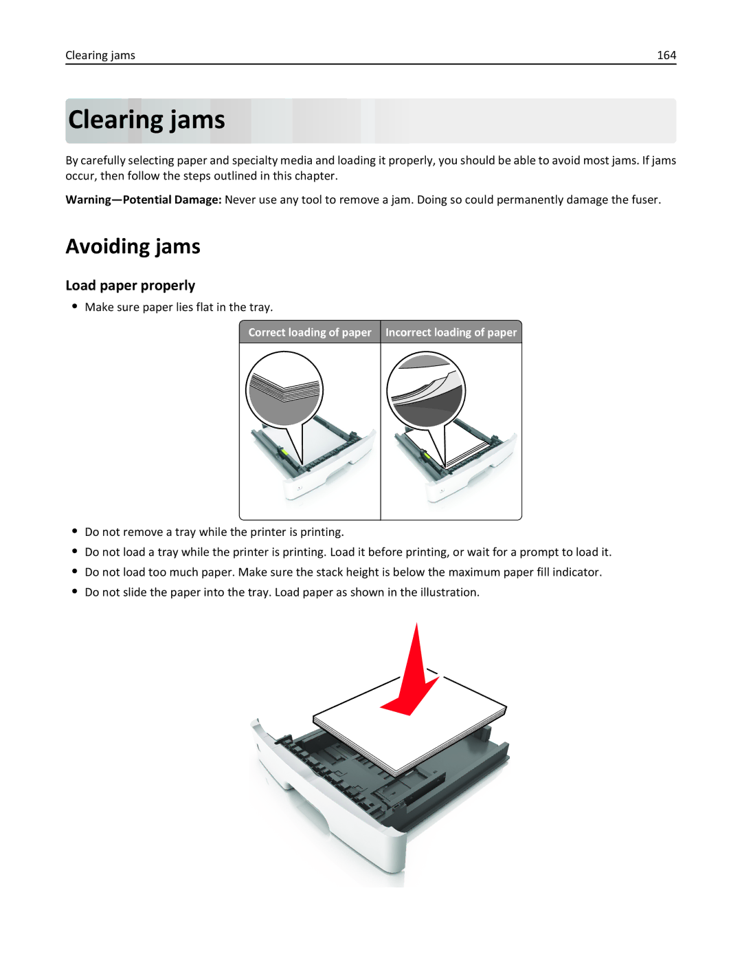 Lexmark 279 manual Avoiding jams, Load paper properly, Clearing jams 164, Make sure paper lies flat in the tray 